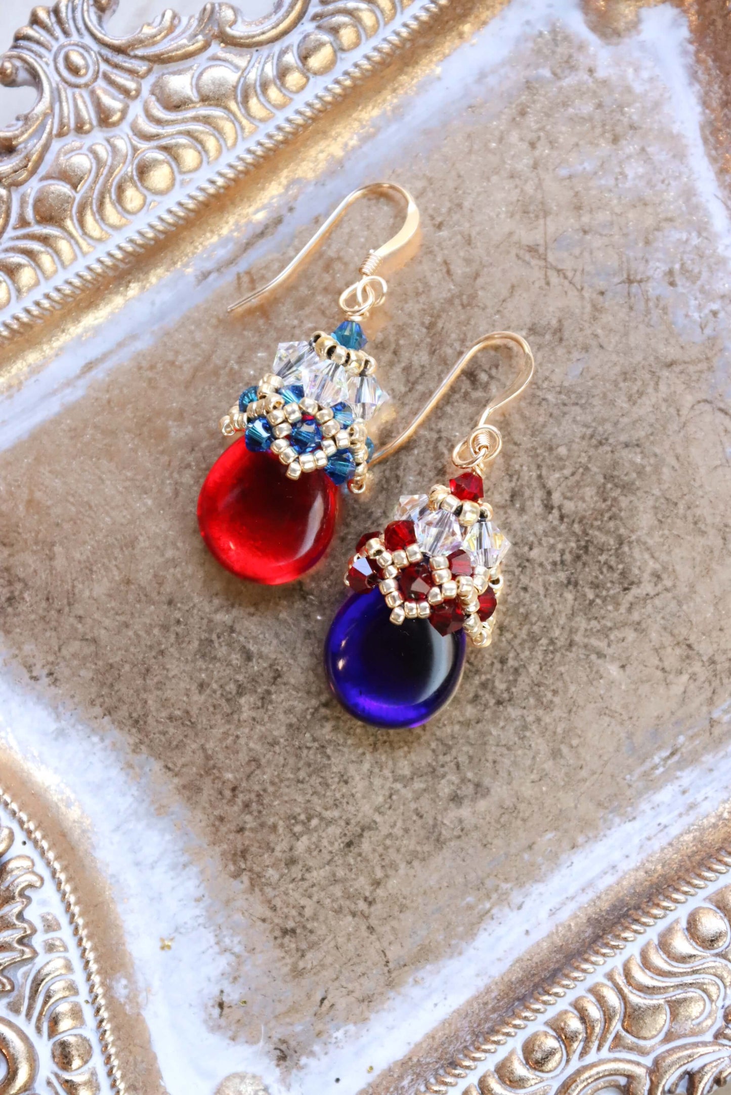 Red And Blue Drop Beaded Earrings Featuring 14K Gold Earring Hooks - Kaleidoscopes And Polka Dots