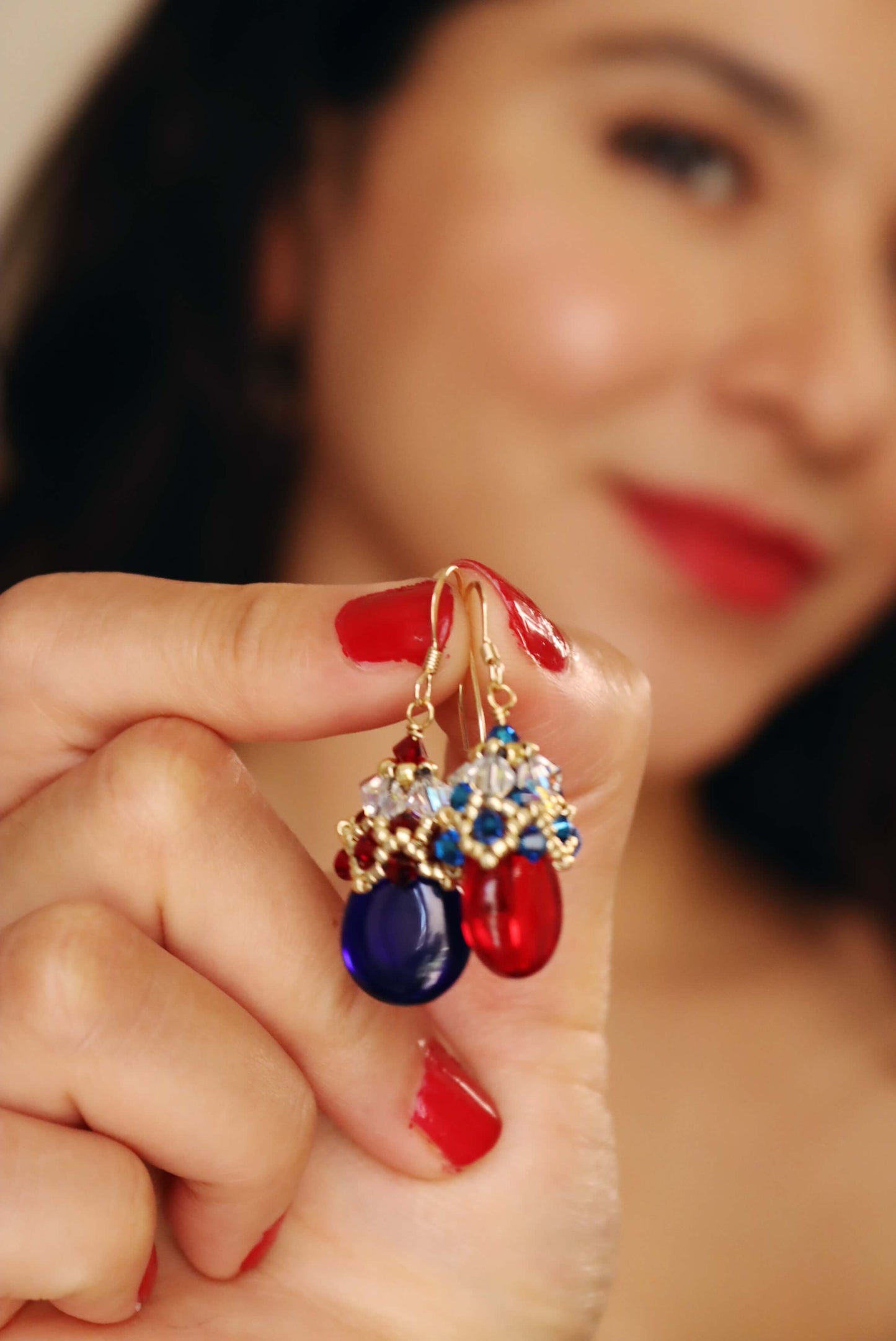 Red And Blue Patriotic Dangle Beaded Earrings - Vintage-Inspired Earrings - Kaleidoscopes And Polka Dots