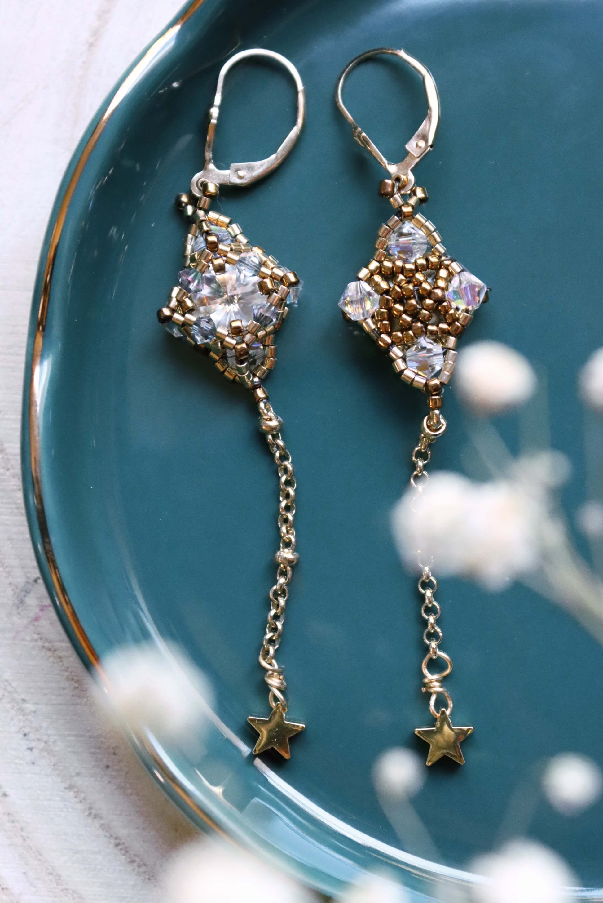 Front & Back of Long Gold Dangle Earrings With Delicate Star Charms - Classic Gold Beaded Earrings - Kaleidoscopes And Polka Dots