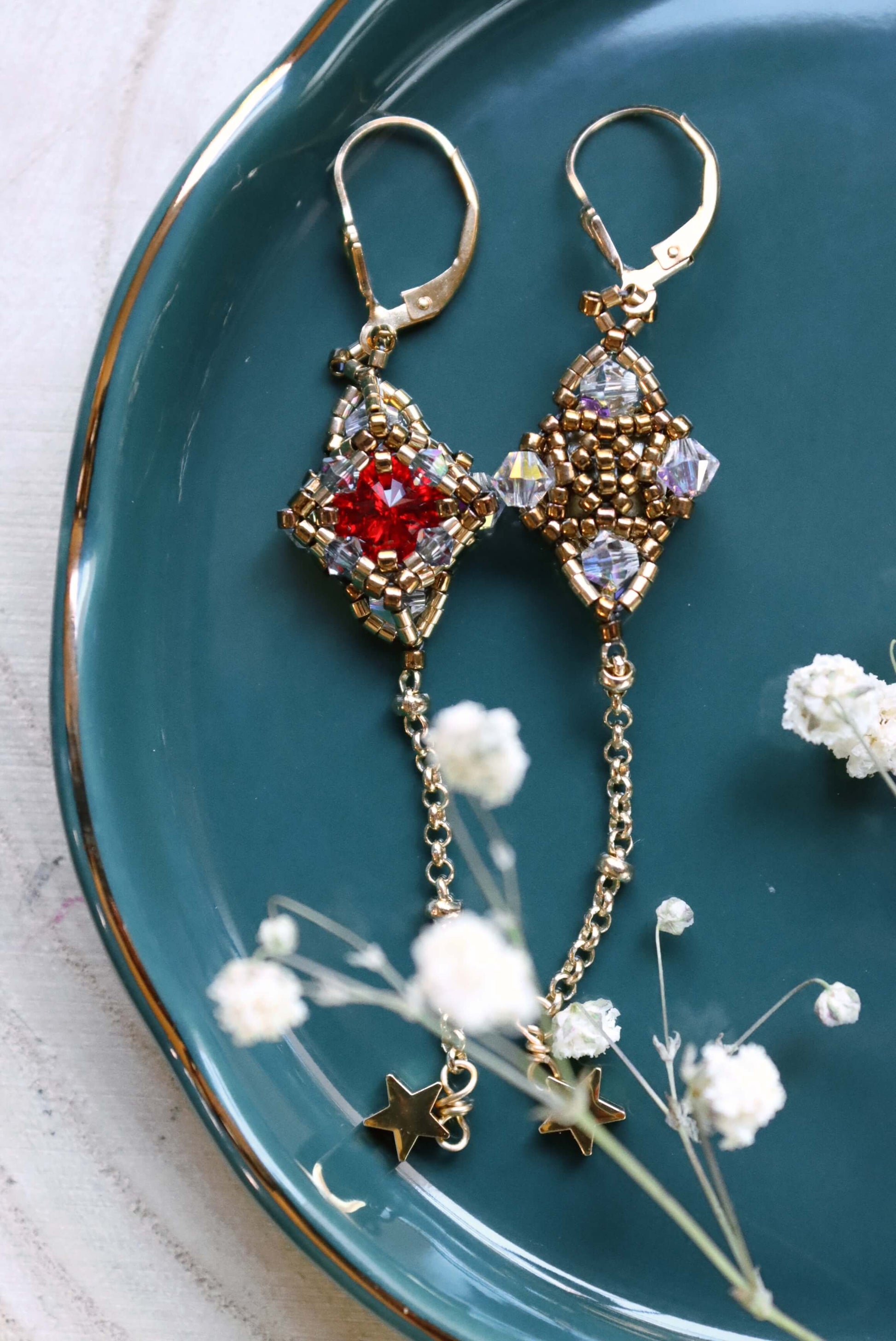 Front & Back Red Crystal Gold Star Dangle Earrings With Delicate Star Charms - Red Crystal Bead Gold Earrings - Kaleidoscopes And Polka Dots