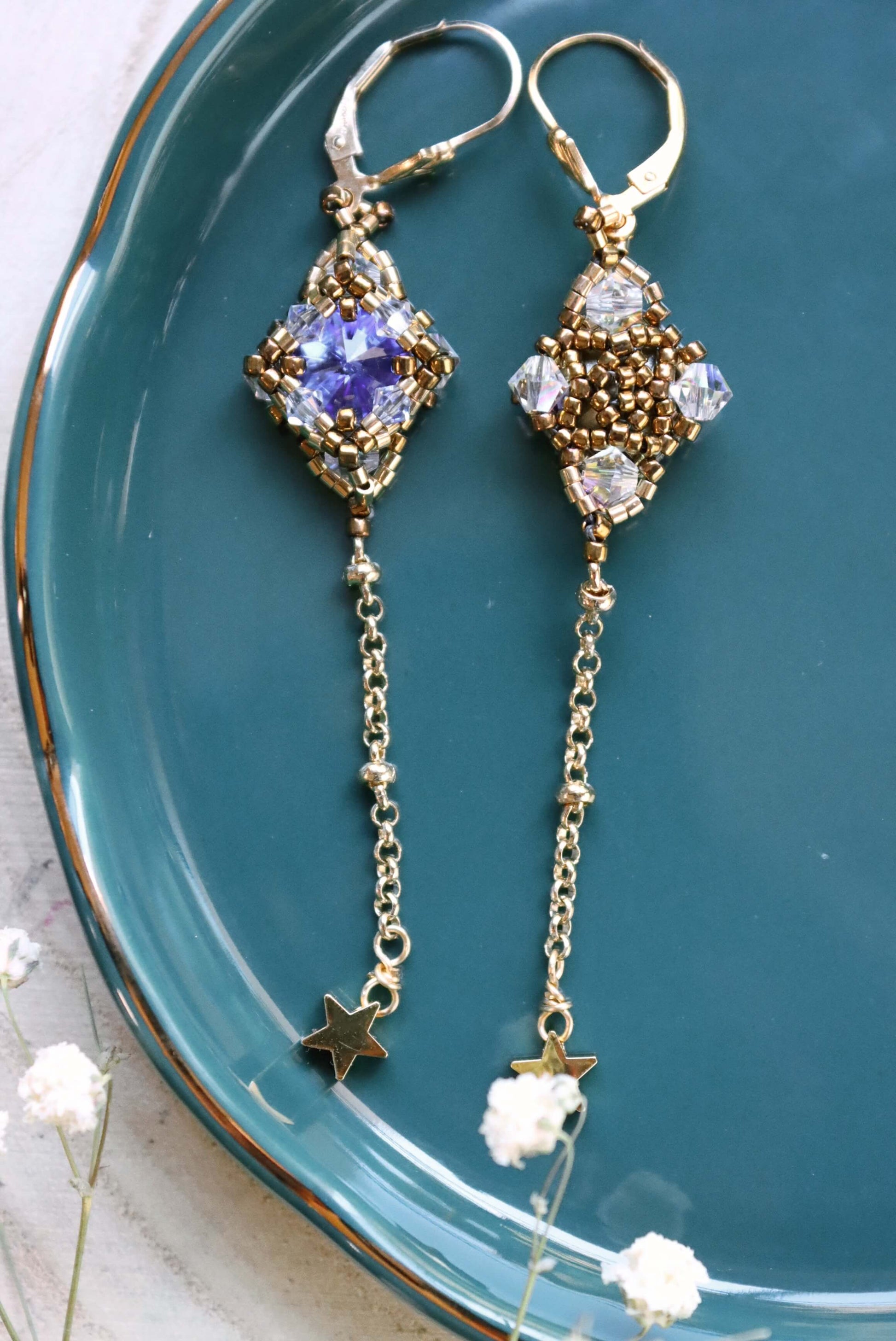 Front And Back of Long Blue Crystal Gold Dangle Earrings With Delicate Star Charms - Beaded Star Gold Earrings - Kaleidoscopes And Polka Dots