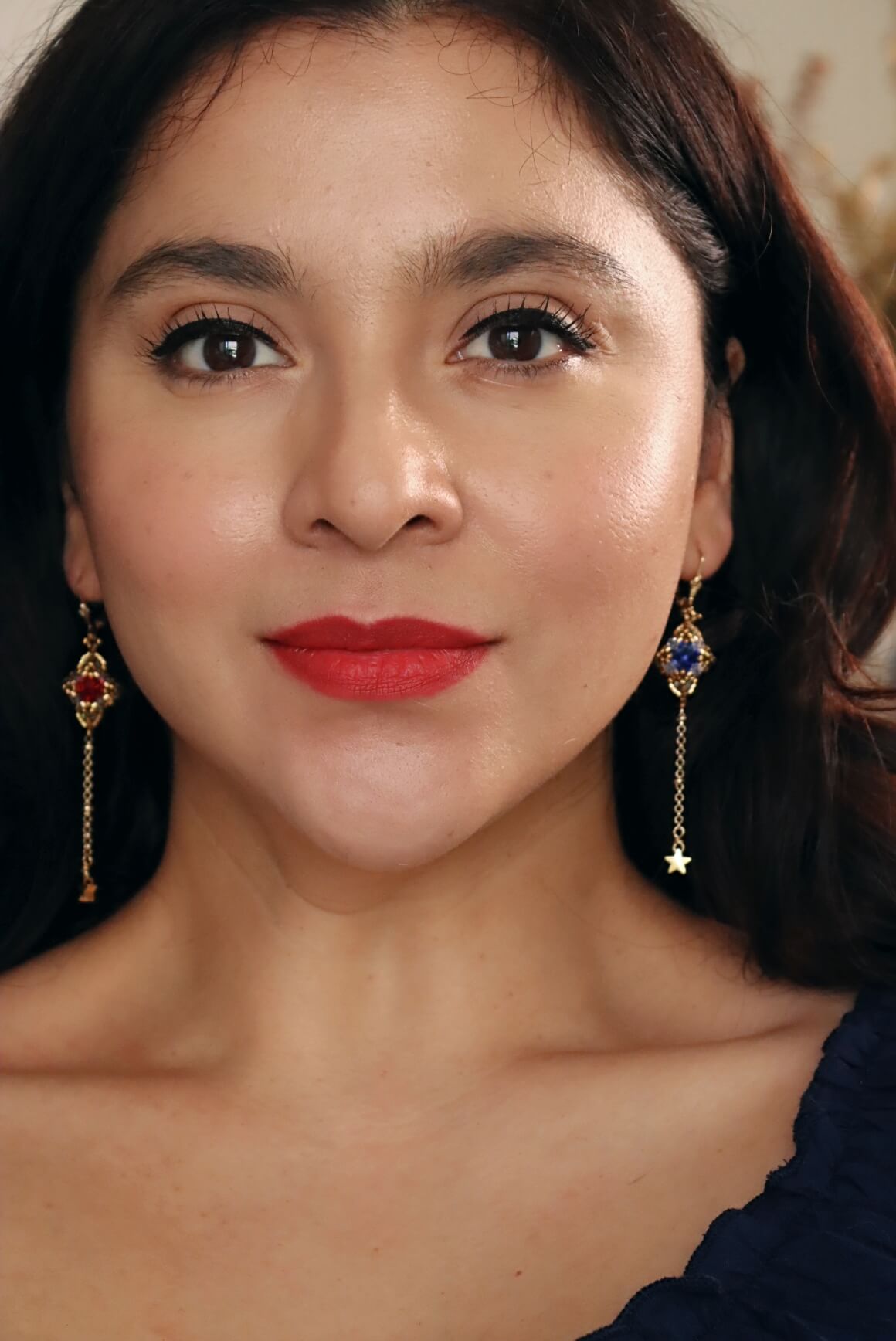 Long Blue And Red Crystal Gold Dangle Earrings With Delicate Star Charms - Beaded Star Gold Earrings - Kaleidoscopes And Polka Dots