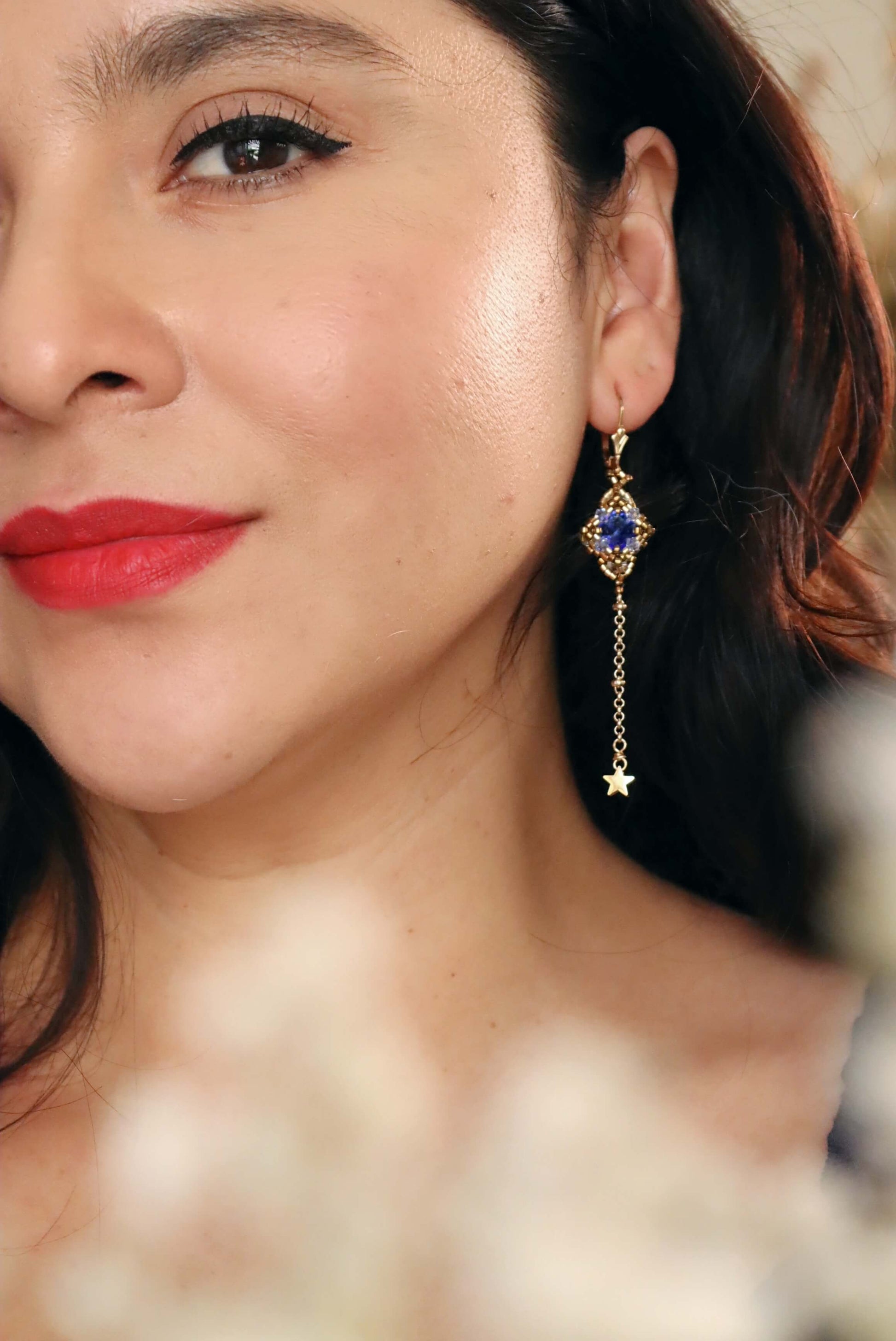 Blue Long Gold Dangle Earrings With Delicate Star Charms - Beaded Star Gold Earrings - Kaleidoscopes And Polka Dots