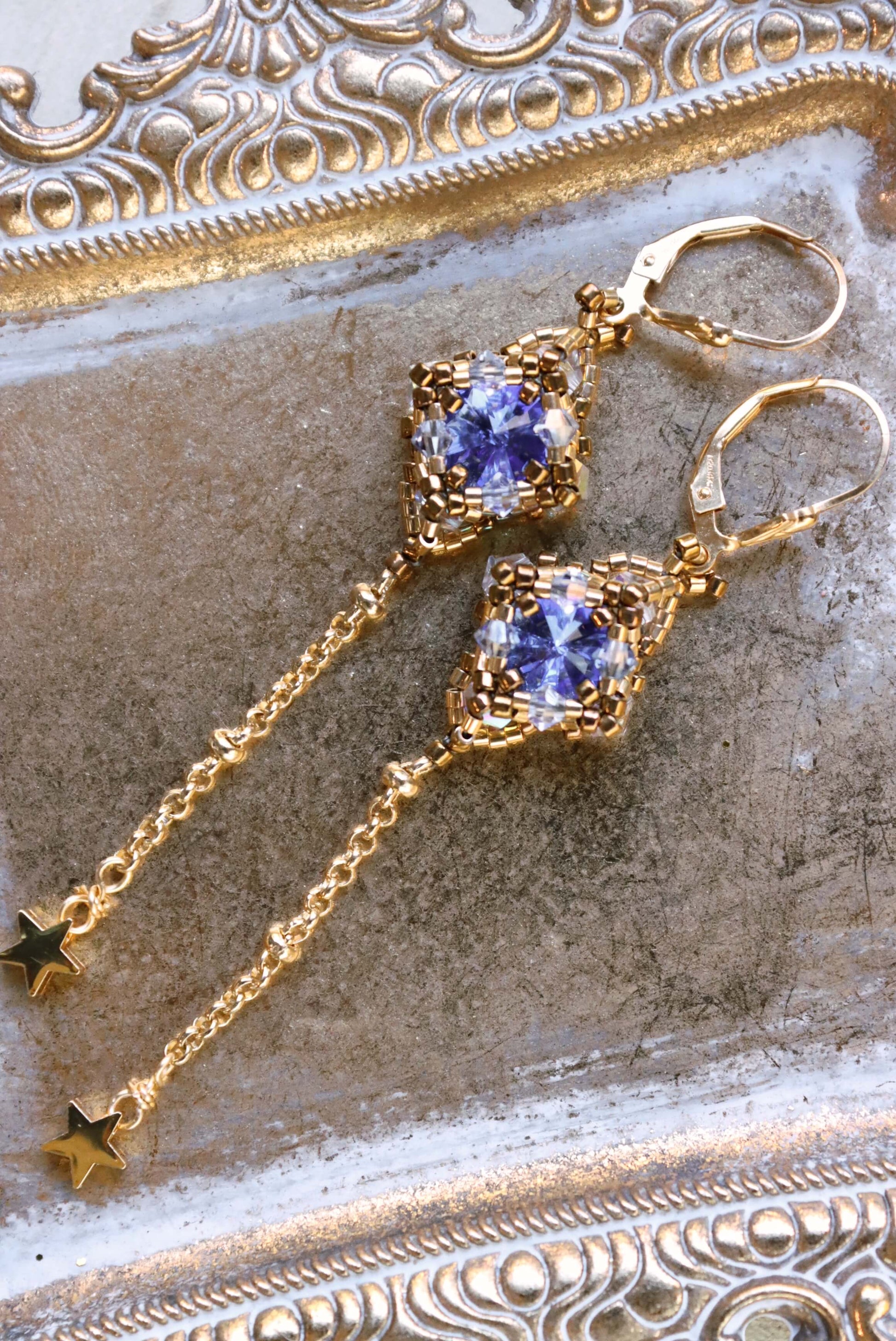 Long Blue Crystal Gold Dangle Earrings With Delicate Star Charms - Beaded Star Gold Earrings - Kaleidoscopes And Polka Dots