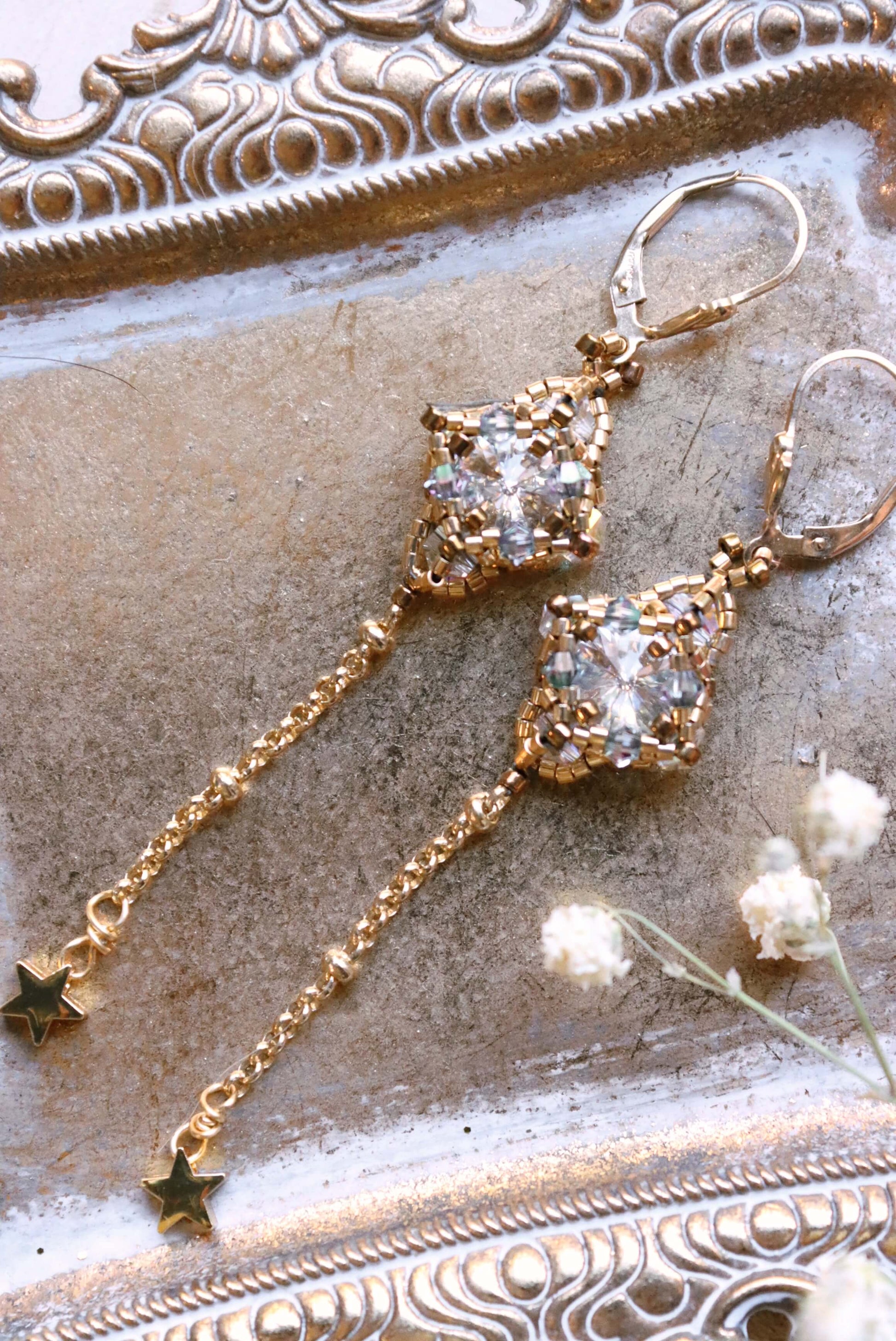 Long Gold Dangle Earrings With Delicate Star Charms - Classic Gold Beaded Earrings - Kaleidoscopes And Polka Dots