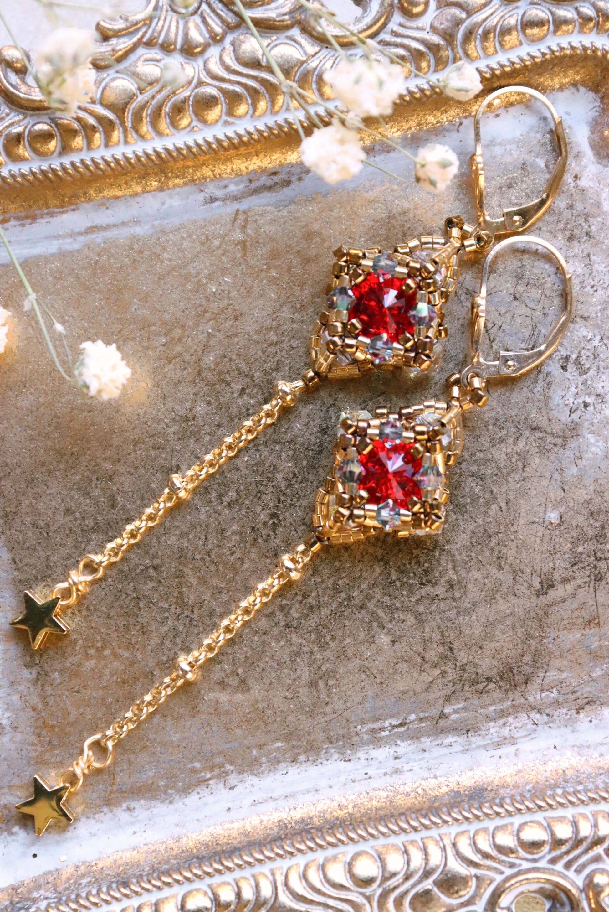 Red Gold Star Dangle Earrings With Delicate Star Charms - Red Crystal Bead Gold Earrings - Kaleidoscopes And Polka Dots