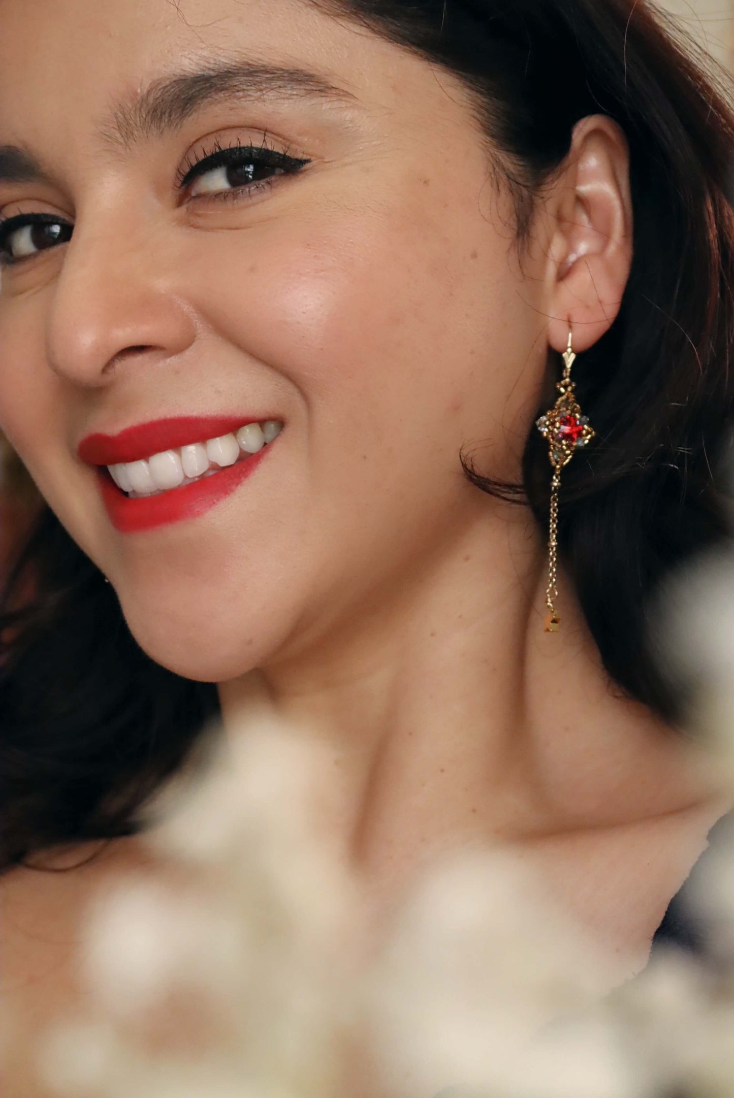 Long Gold Dangle Earrings With Delicate Star Charms - Red Crystal Bead Gold Earrings - Kaleidoscopes And Polka Dots