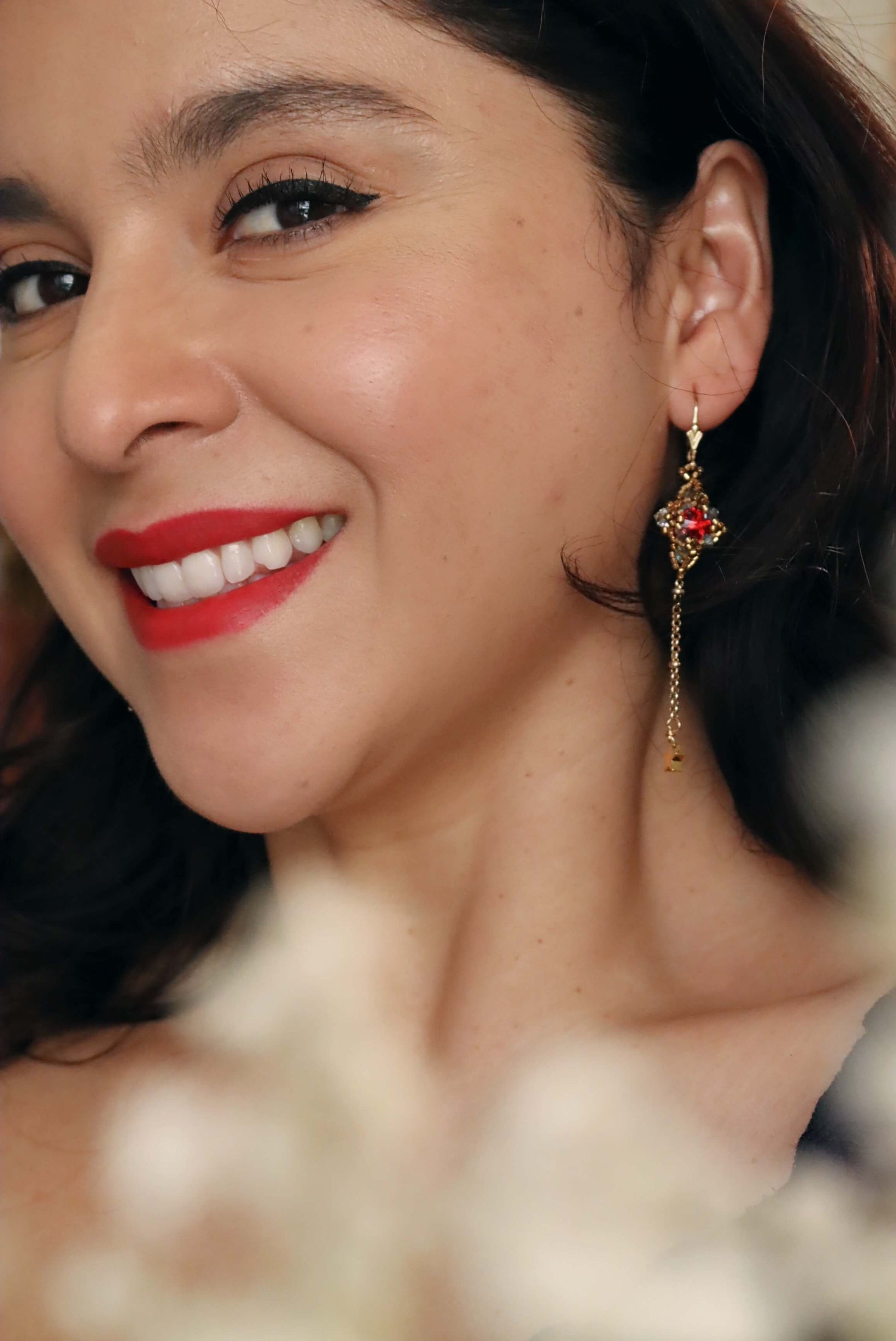 Long Gold Dangle Earrings With Delicate Star Charms - Red Crystal Bead Gold Earrings - Kaleidoscopes And Polka Dots