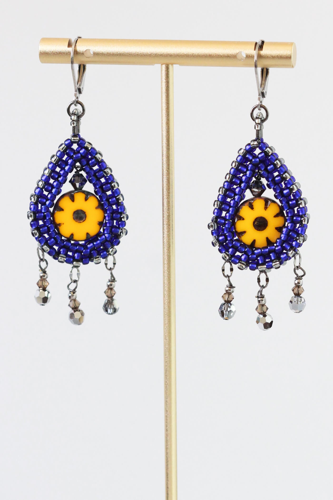 Gold Flower Earrings With Blue Hoops by Kaleidoscopes And Polk Dots