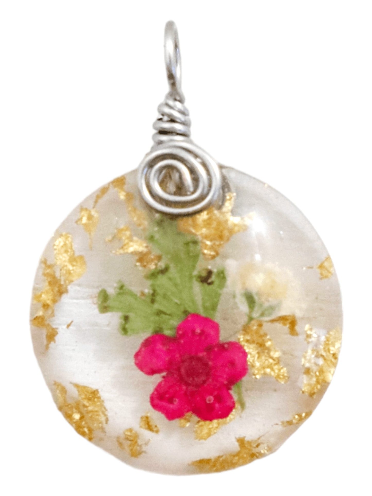 Circle-Resin-Pendant-With-Real-Flowers-and-Gold-Flakes-Kaleidoscopes-And-Polka-Dots