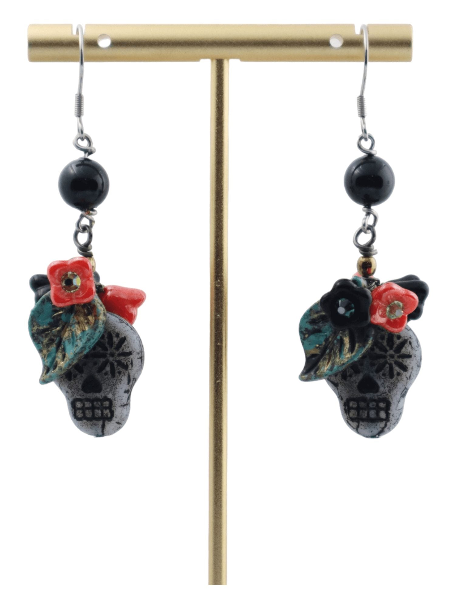 Day-Of-The-Dead-Dangle-Earrings---Black-and-Red-Flowers---Kaleidoscopes-And-Polka-Dots