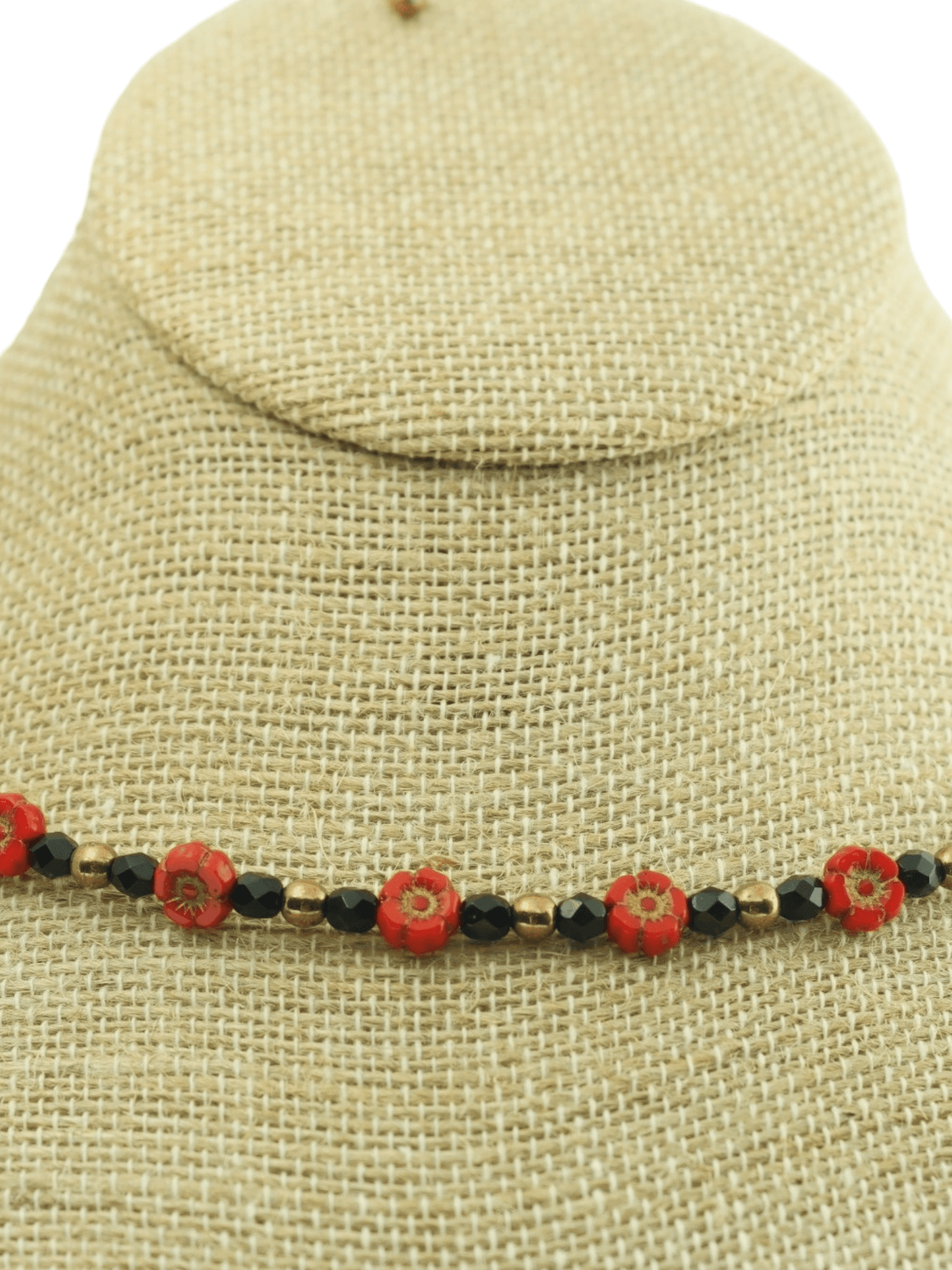 Closeup of Delicate Red Flower, Bronze and Black Glass Beaded Necklace - Kaleidoscopes And Polka Dots
