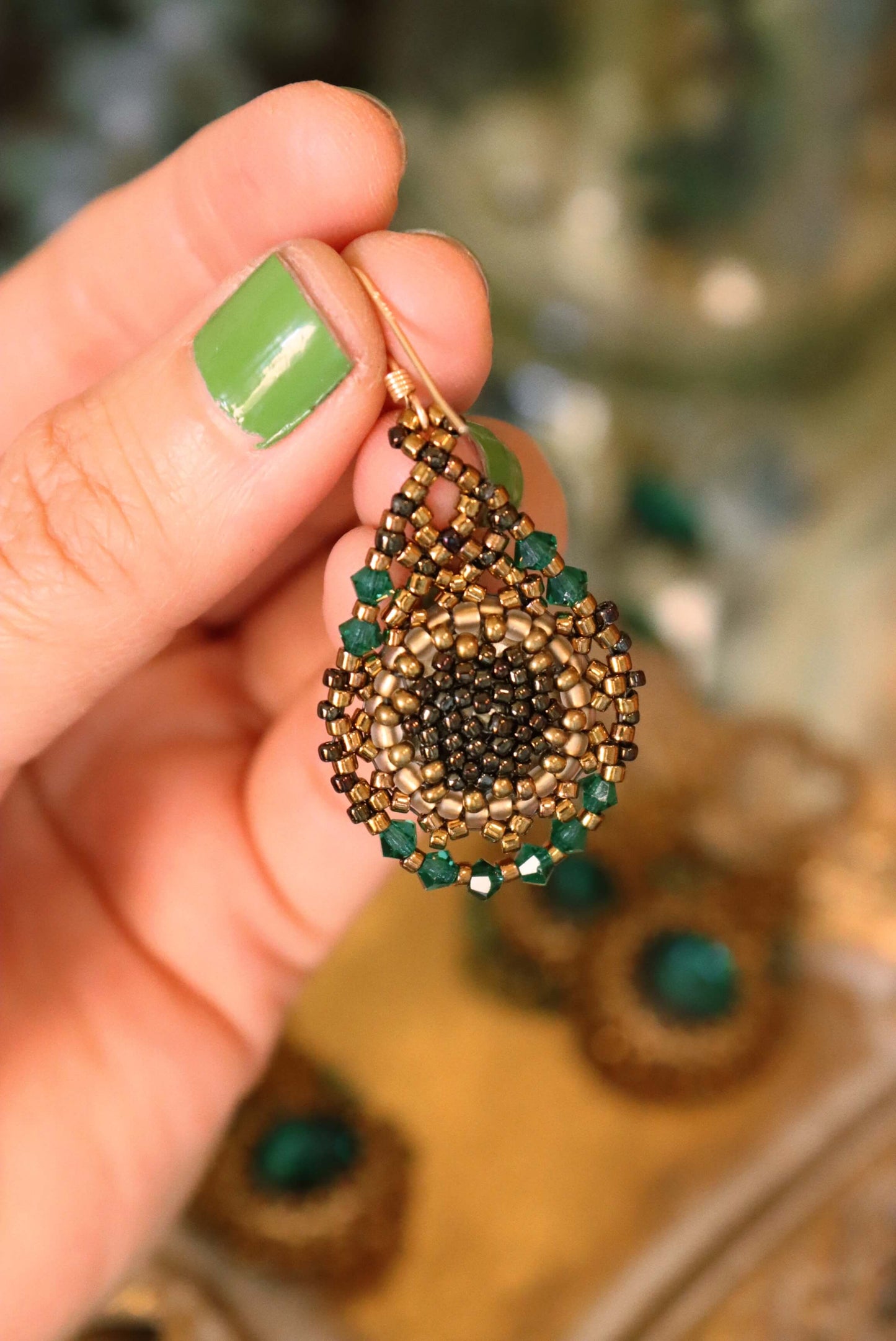Delicate Emerald Green Crystal Teardrop Earrings - Emerald Crystal Gold Beaded Earrings - BACK - Kaleidoscopes And Polka Dots