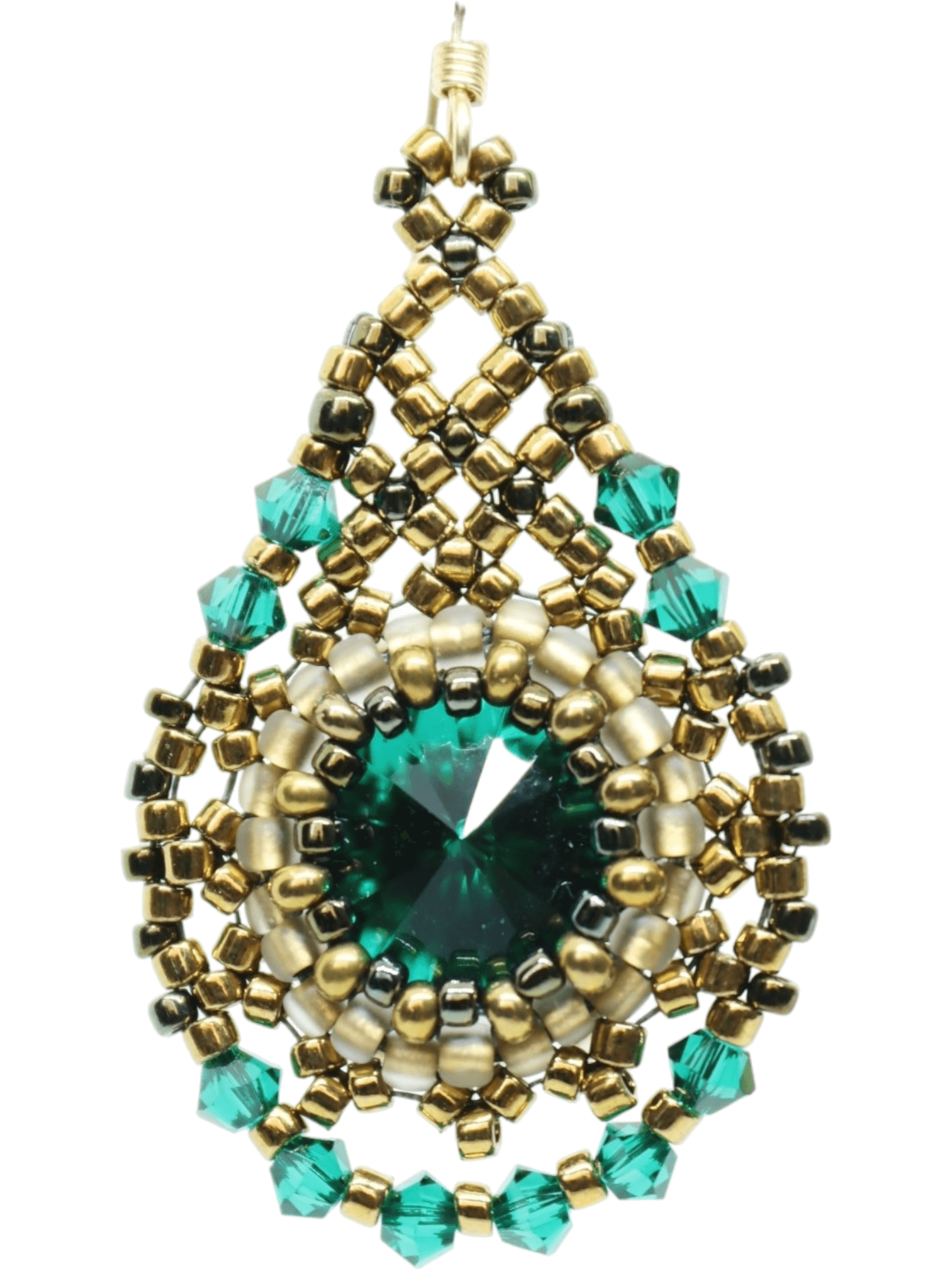Delicate Emerald Green Crystal Teardrop Earrings - Emerald Crystal Gold Beaded Earrings - CLOSEUP - Kaleidoscopes And Polka Dots