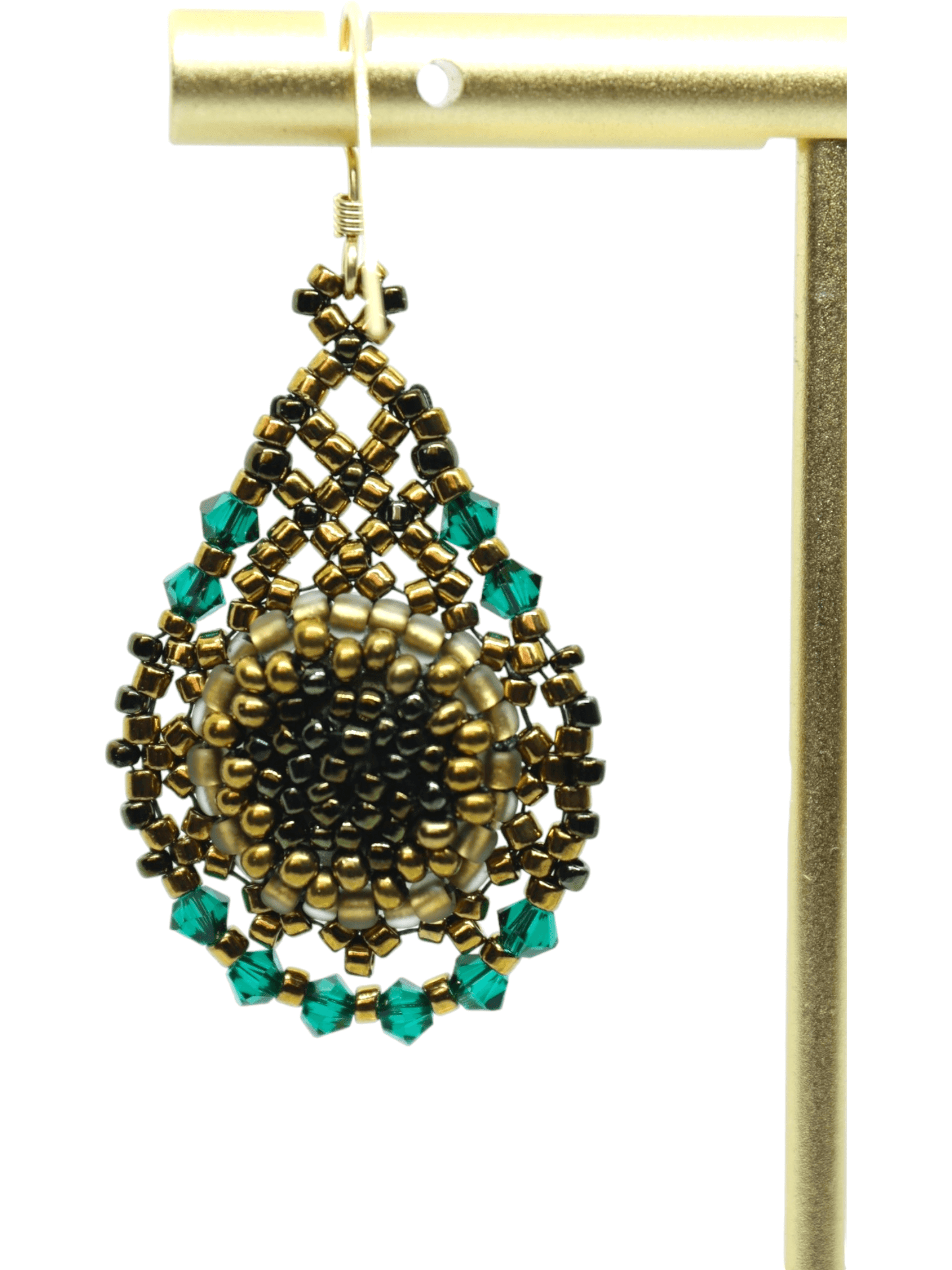 Delicate Emerald Green Crystal Teardrop Earrings - Emerald Crystal Gold Beaded Earrings -14K GOLD EARRING HOOKS - BACK -Kaleidoscopes And Polka Dots