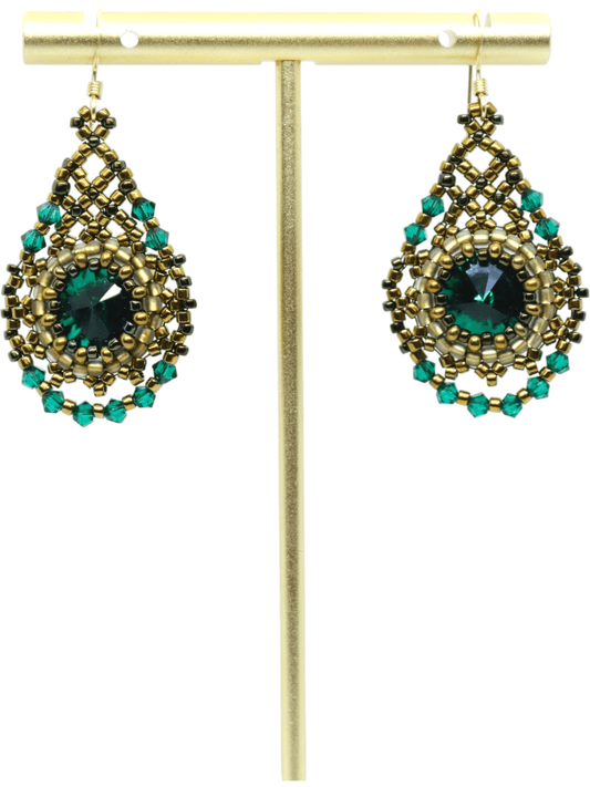 Delicate Emerald Green Crystal Teardrop Earrings - Emerald Crystal Gold Beaded Earrings - Kaleidoscopes And Polka Dots