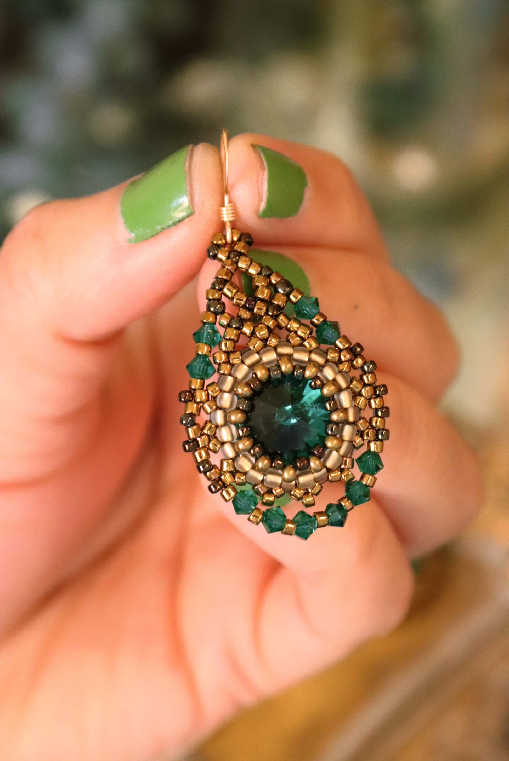 Delicate Emerald Green Crystal Teardrop Earrings - Emerald Crystal Gold Beaded Earrings - FRONT - Kaleidoscopes And Polka Dots