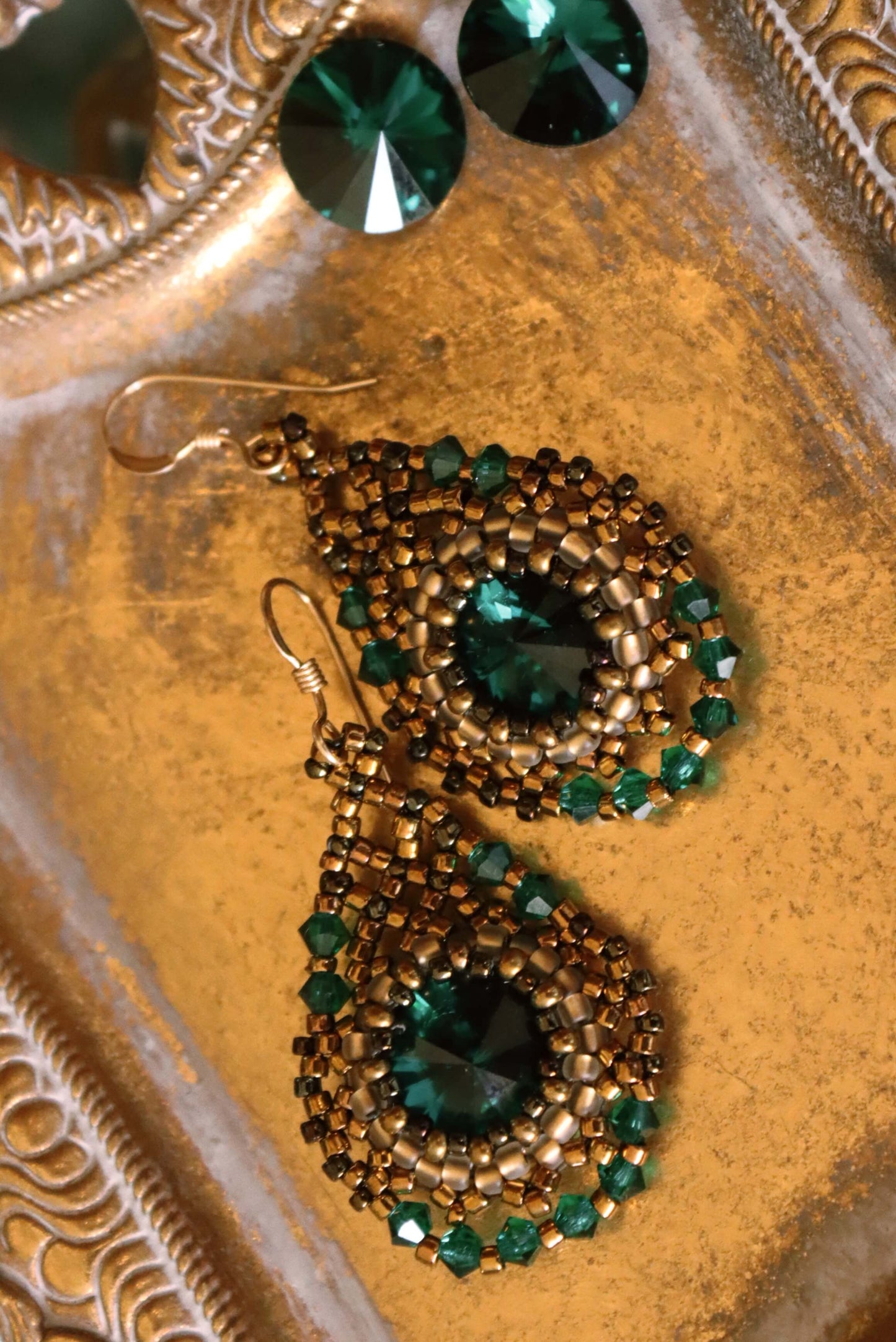 Delicate Emerald Green Crystal Teardrop Earrings - Emerald Crystal Gold Beaded Earrings - 14k GOLD EARRING HOOKS - Kaleidoscopes And Polka Dots