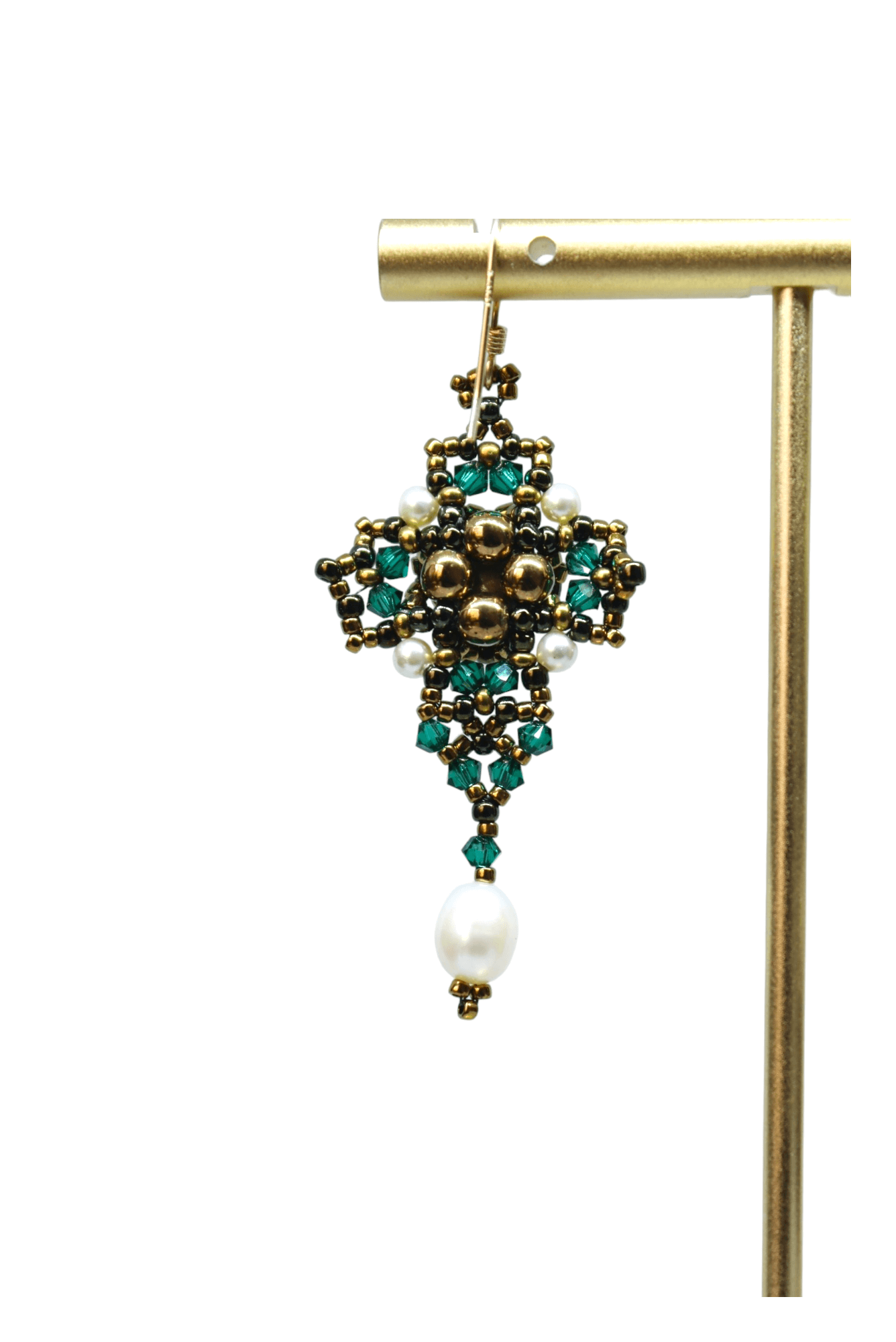 Peral Drop Emerald Green Crystal Cross Earrings - Closeup Back View - Verde Esmeralda Jewelry Collection - Kaleidoscopes And Polka Dots