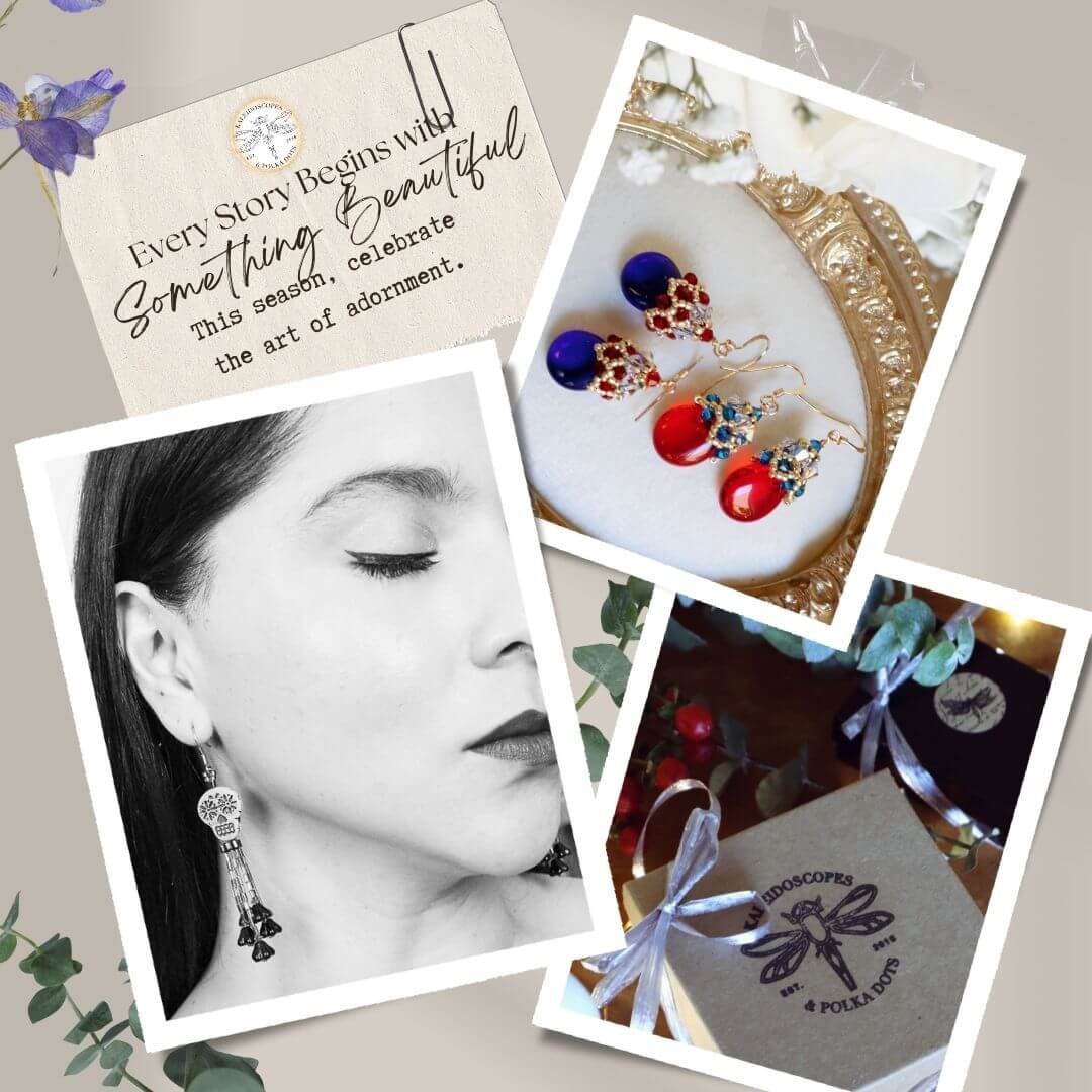 Collage of jewelry with a quote about beauty and adornment.