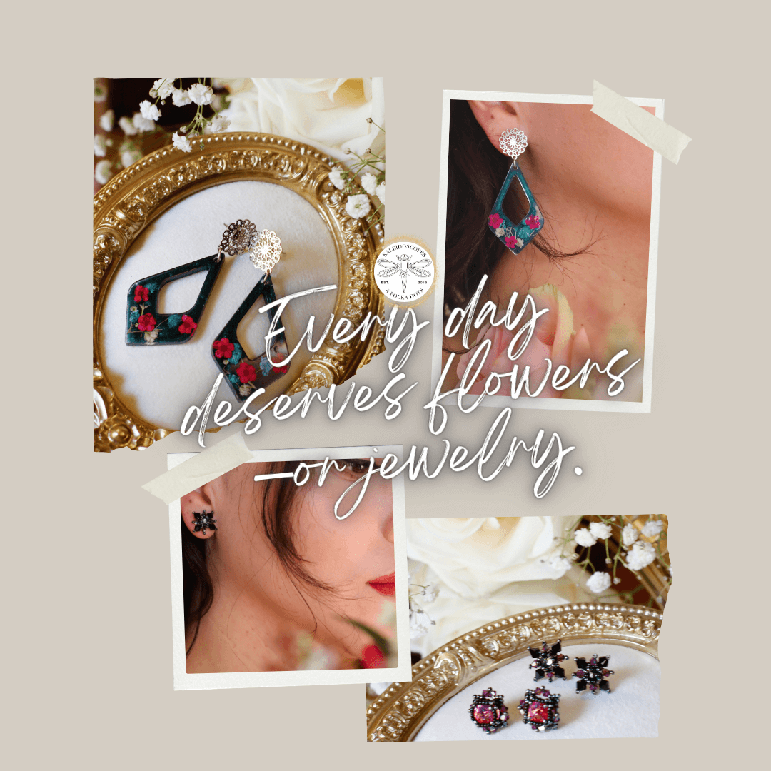 Collage of earrings with decorative text on a beige background