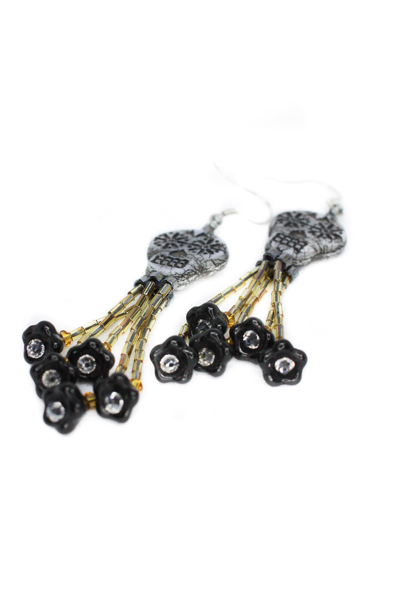Sugar Skull Black Flower Tassel Earrings