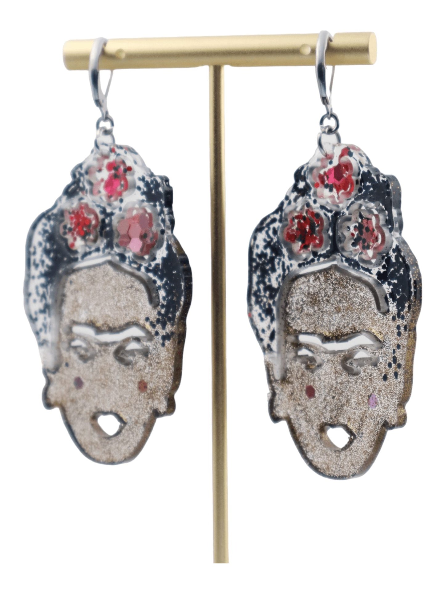 Frida-Kahlo-Earrings---Glittery-Mexican-Artist-Earrings---BACK---Kaleidoscopes-And-Polka-Dots