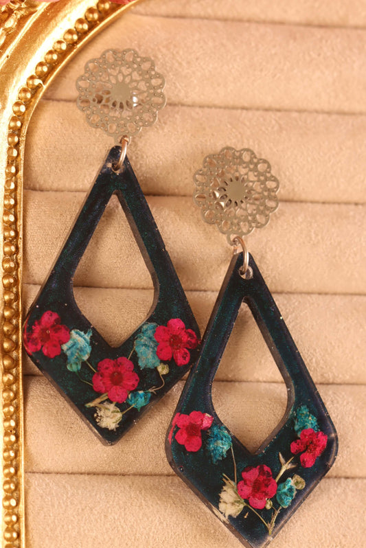 Floral Romance Resin Earrings - part of the Gothic Romance Jewelry Collection by Kaleidoscopes And Polka Dots. These earrings feature a midnight blue background and are displayed on a beige jewelry tray with gold trim. 
