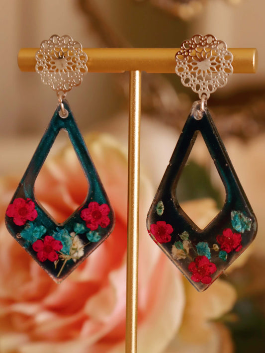 Decorative floral resin earrings-part of the Gothic Romance Jewelry Collection by Kaleidoscopes And Polka Dots. These earrings feature a midnight blue background set against a gold stand, against a blurred floral backdrop.
