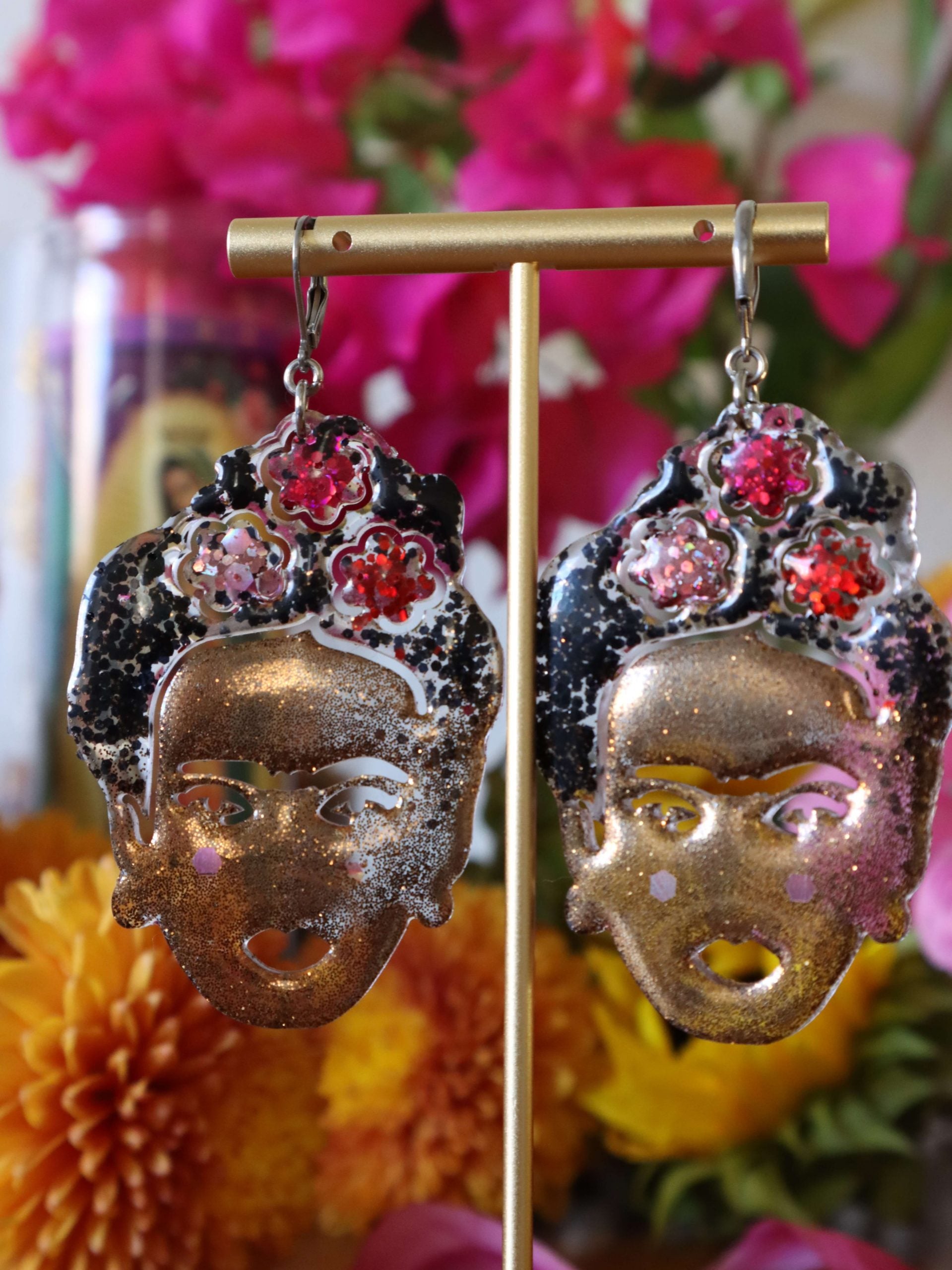 resin-frida-kahlo-earrings-by-kaleidoscopes-and-polka-dots-front-viewEarrings - Glittery Mexican Artist Earrings