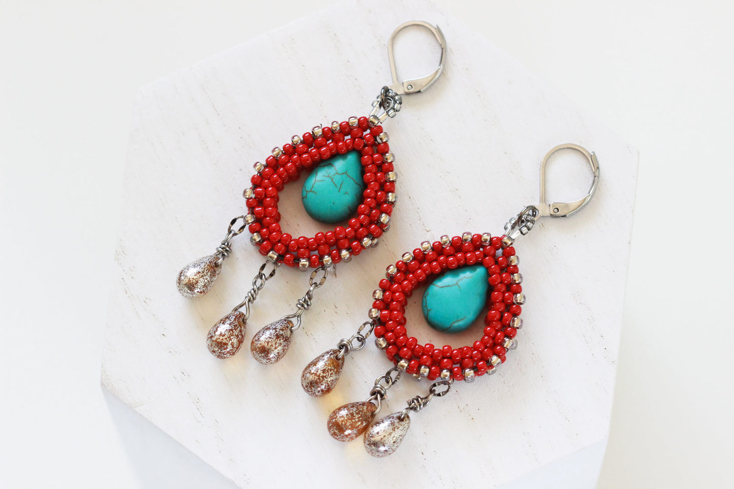 Red Beaded Teardrop Earrings - Frida Kahlo Inspired - Dia De Los Muertos Jewelry by Kaleidoscopes And Polka Dots