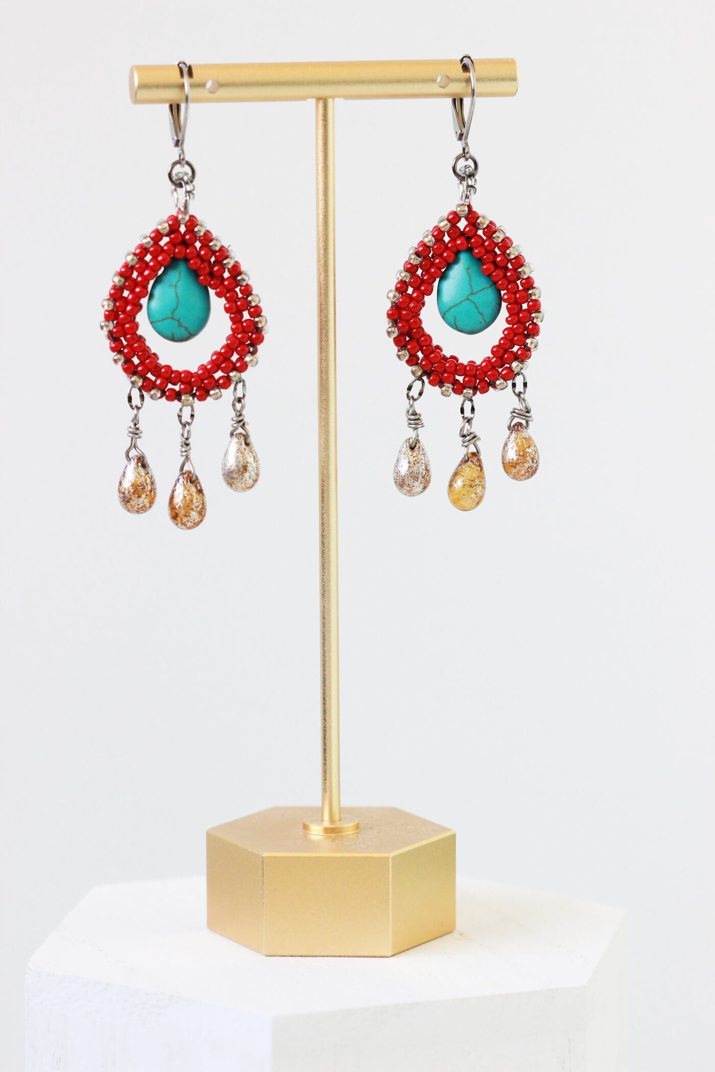 Red Beaded Teardrop Earrings - Dia De Los Muertos Earrings by Kaleidoscopes And Polka Dots