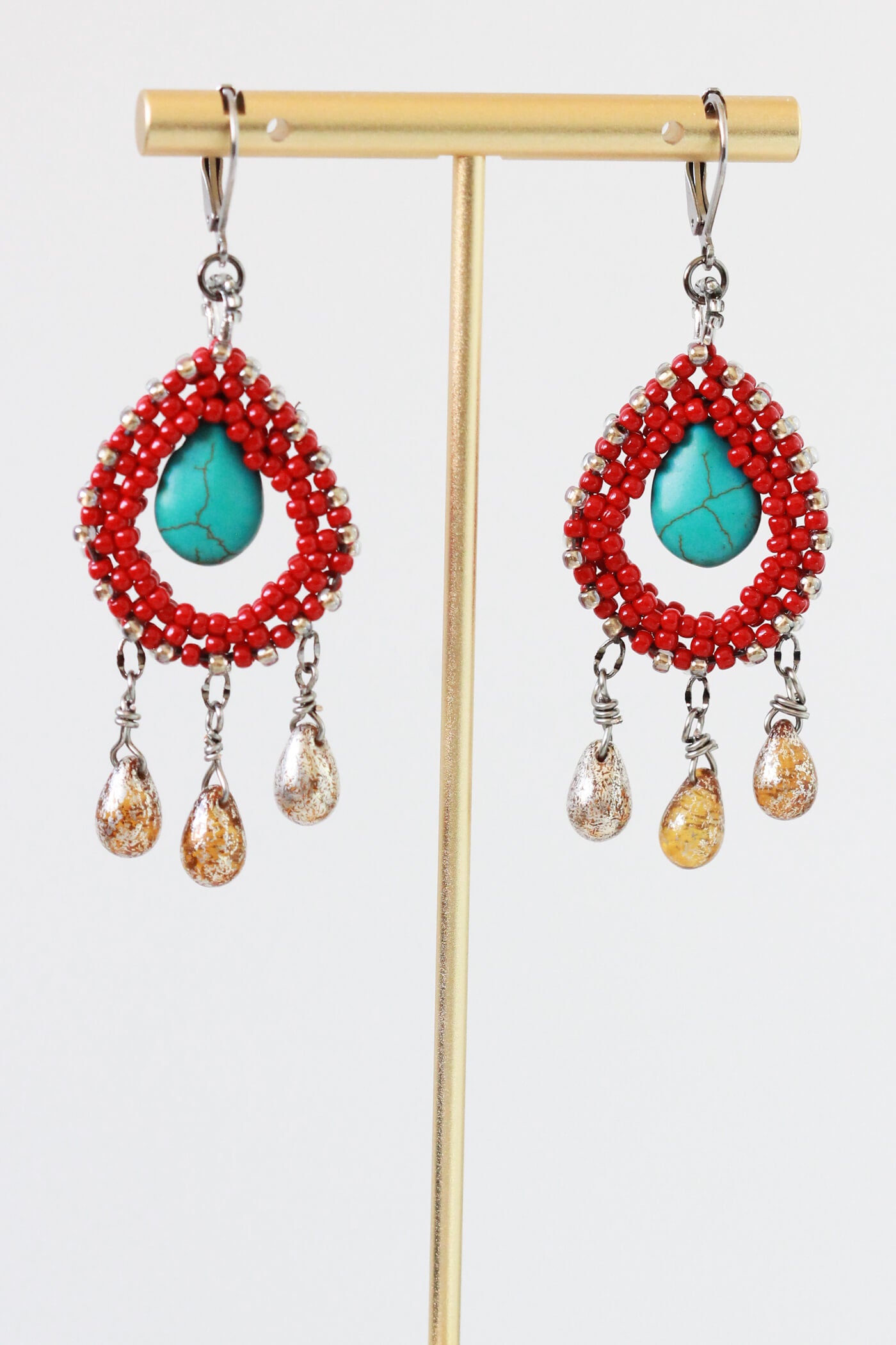 Red Beaded Teardrop Earrings - Mexican Style Red Statement Earrings by Kaleidoscopes And Polka Dots