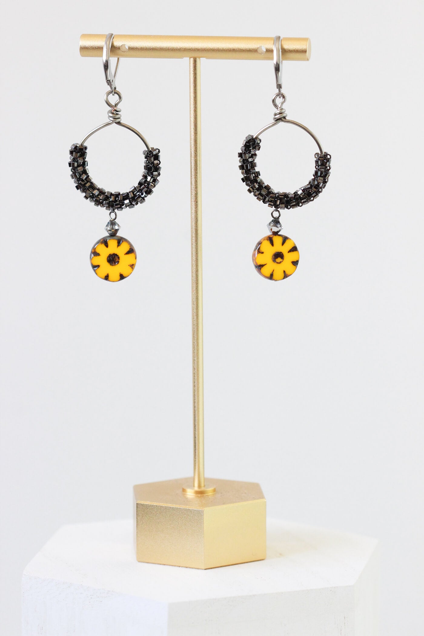 Gold Flower Drop Hoop Earrings - Flower Earrings - Designer Earrings by Kaleidoscopes & Polka Dots