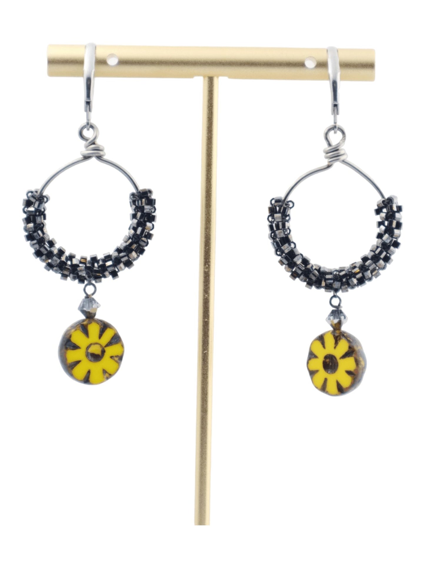 gold flower drop hoop earrings - elegant everyday earrings - yellow flower earrings