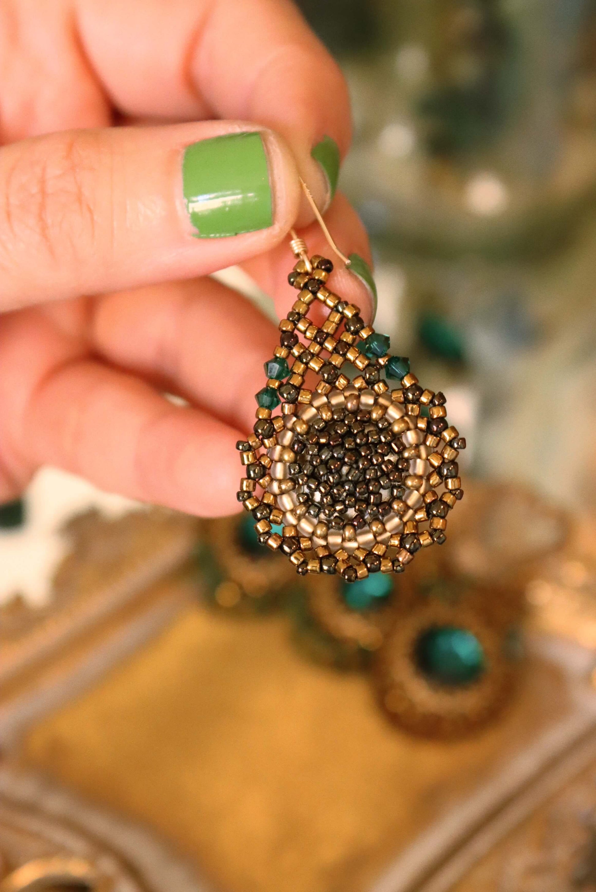 Gold Teardrop Emerald Green Crystal Earrings - BACK - Gold Beaded Earrings by Kaleidoscopes And Polka Dots