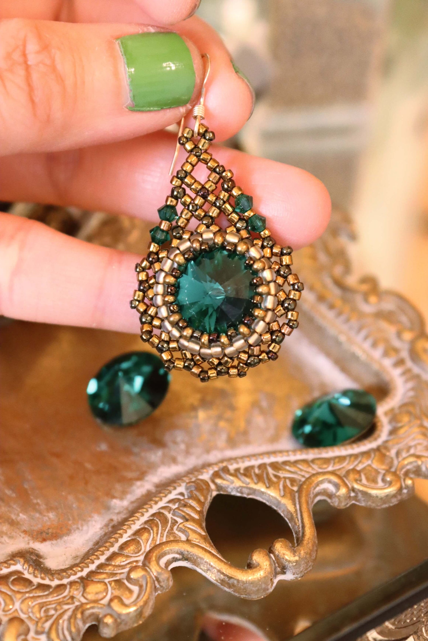 Gold Teardrop Emerald Green Crystal Earrings -FRONT - Gold Beaded Earrings by Kaleidoscopes And Polka Dots