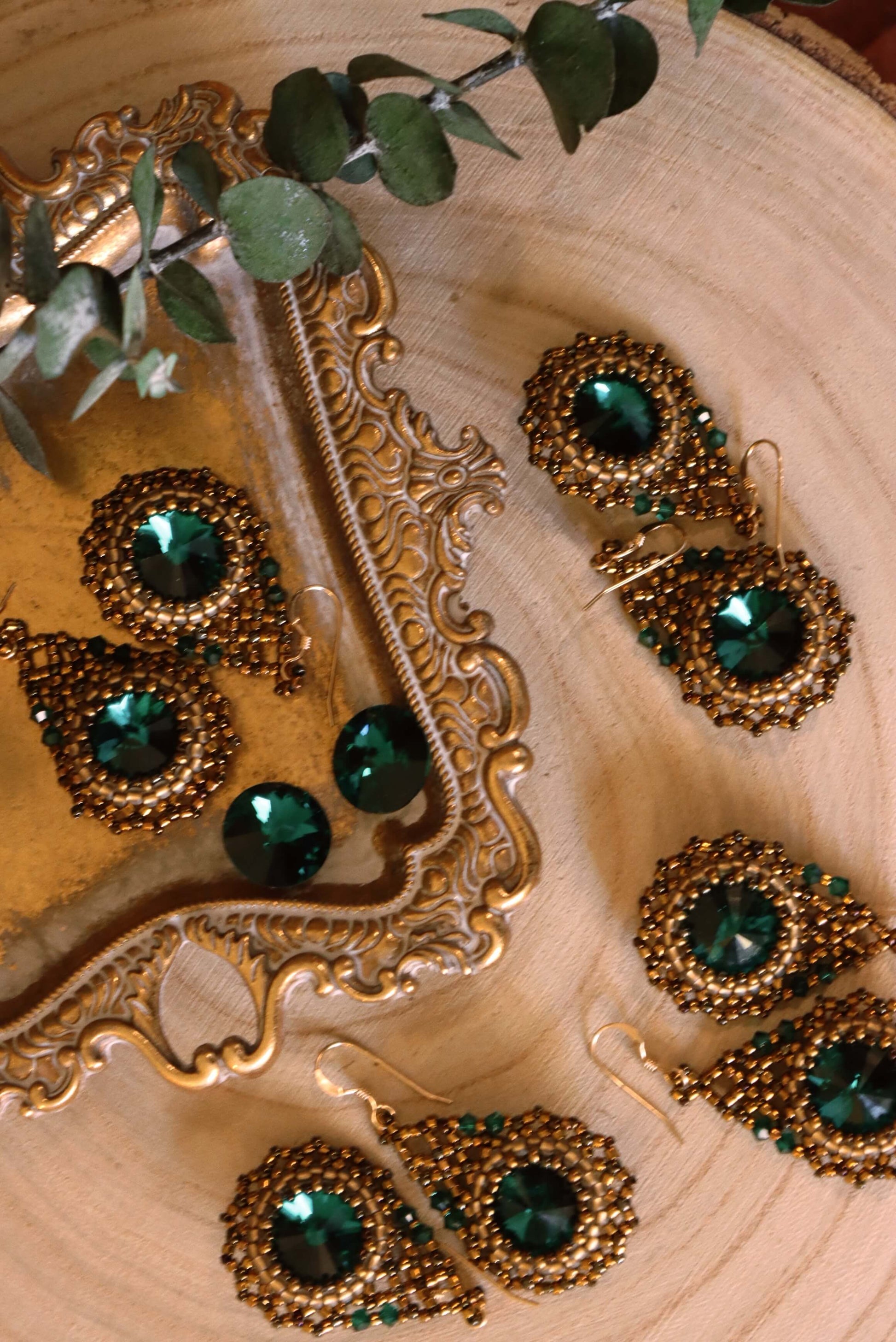 Gold Teardrop Emerald Green Crystal Earrings -14K Gold Earring Hook - Gold Beaded Earrings by Kaleidoscopes And Polka Dots