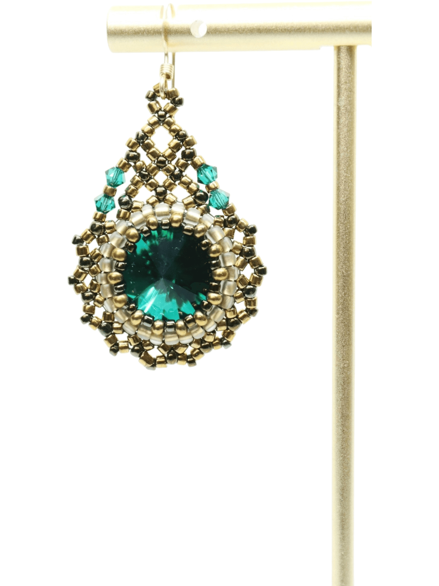 Gold Teardrop Emerald Green Crystal Earrings -FRONT VIEW - Gold Beaded Earrings by Kaleidoscopes And Polka Dots