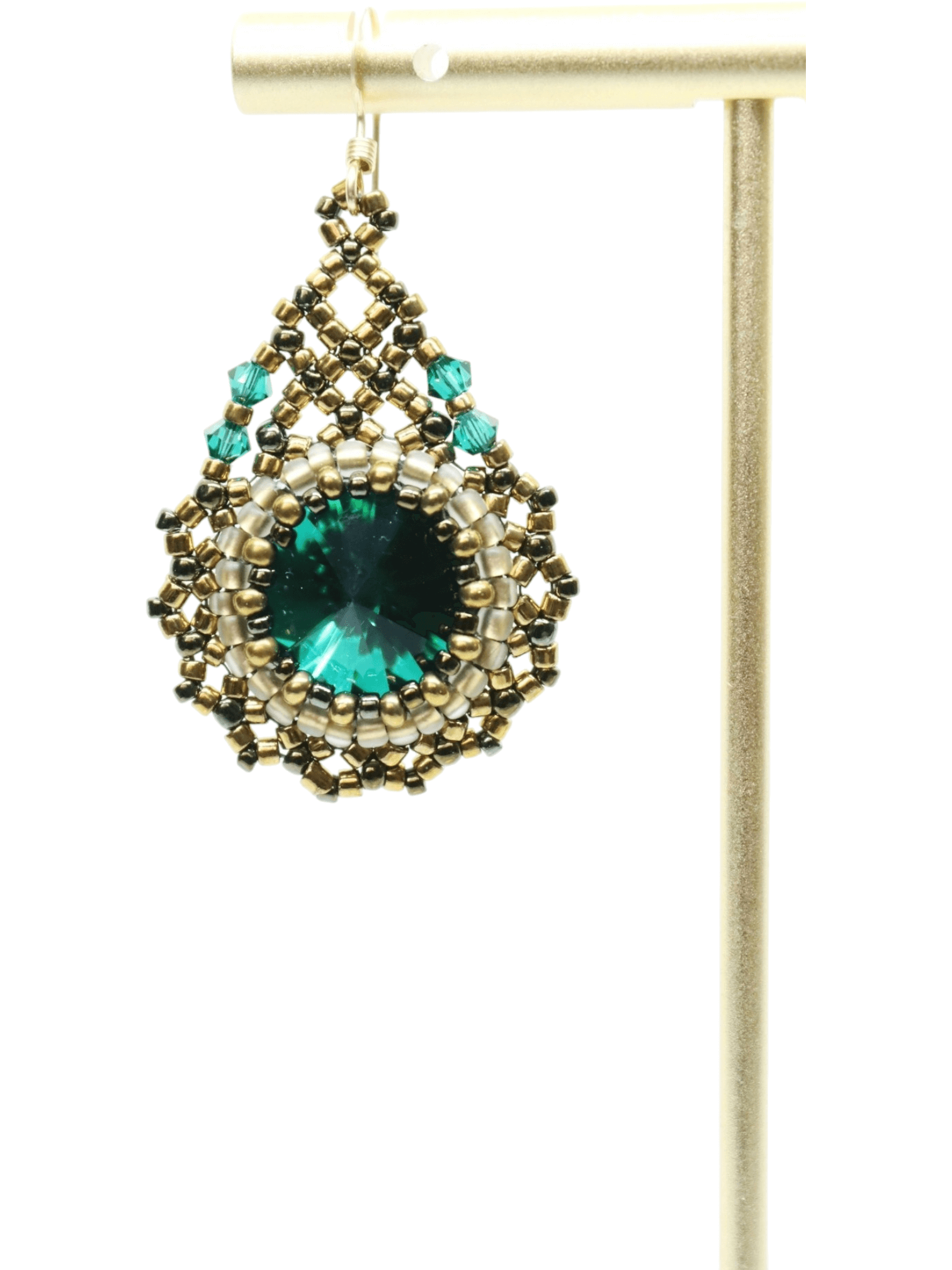 Gold Teardrop Emerald Green Crystal Earrings -FRONT VIEW - Gold Beaded Earrings by Kaleidoscopes And Polka Dots