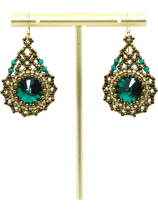 Gold Teardrop Emerald Green Crystal Earrings - Gold Beaded Earrings by Kaleidoscopes And Polka Dots