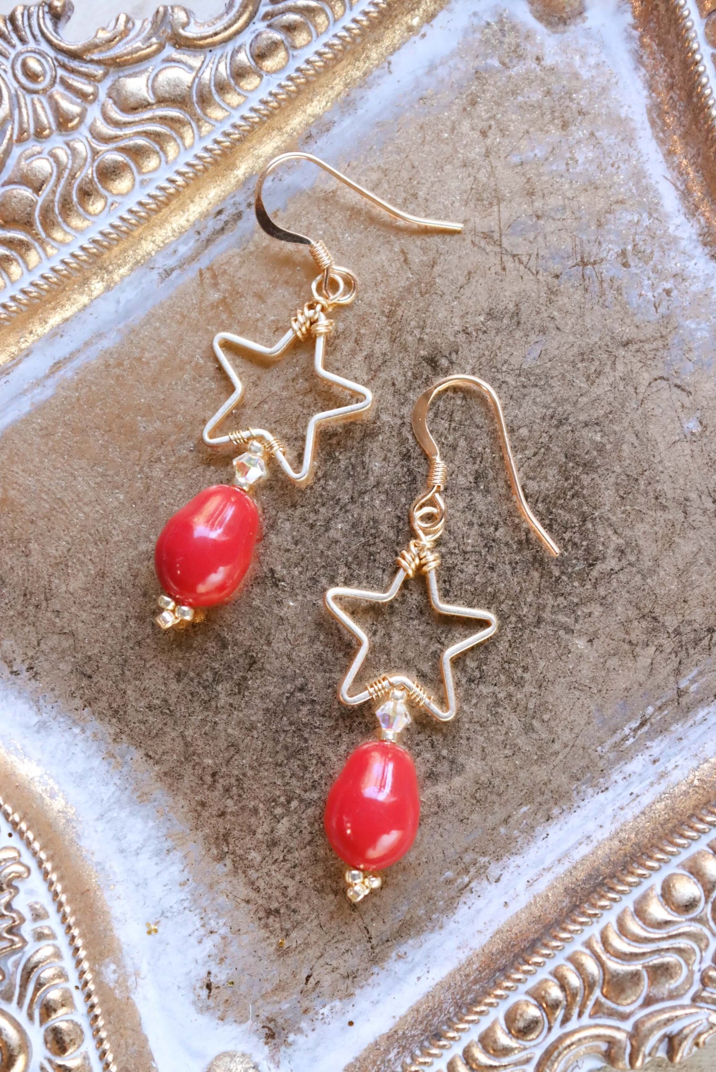 Vintage-Inspired Red Pearl Drop Earrings With Gold Stars - 14K Gold Classic Patriotic Earrings - Kaleidoscopes And Polka Dots