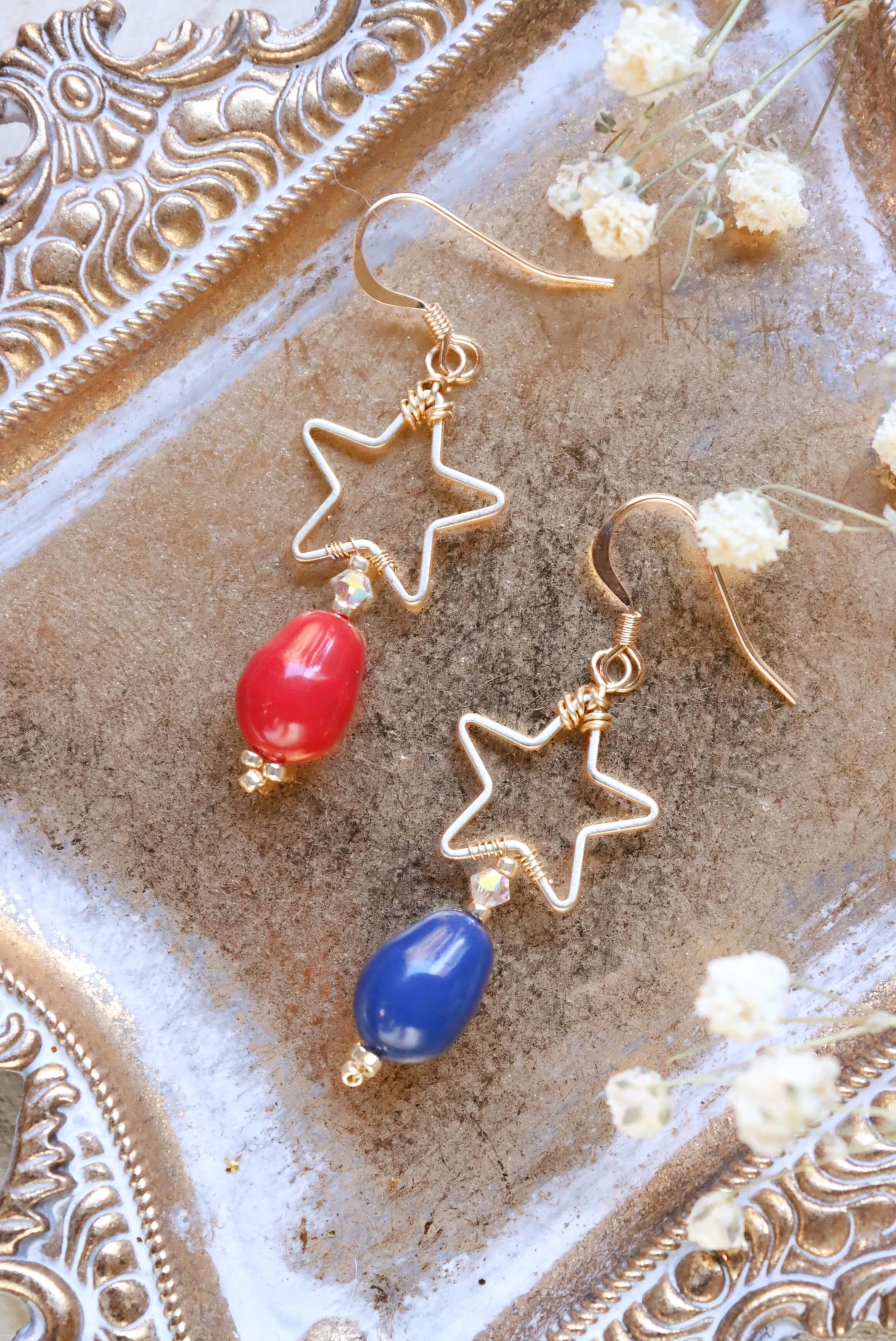 Red And Blue Vintage-Inspired Pearl Drop Earrings With Gold Stars - 14K Gold Classic Patriotic Earrings - Kaleidoscopes And Polka Dots