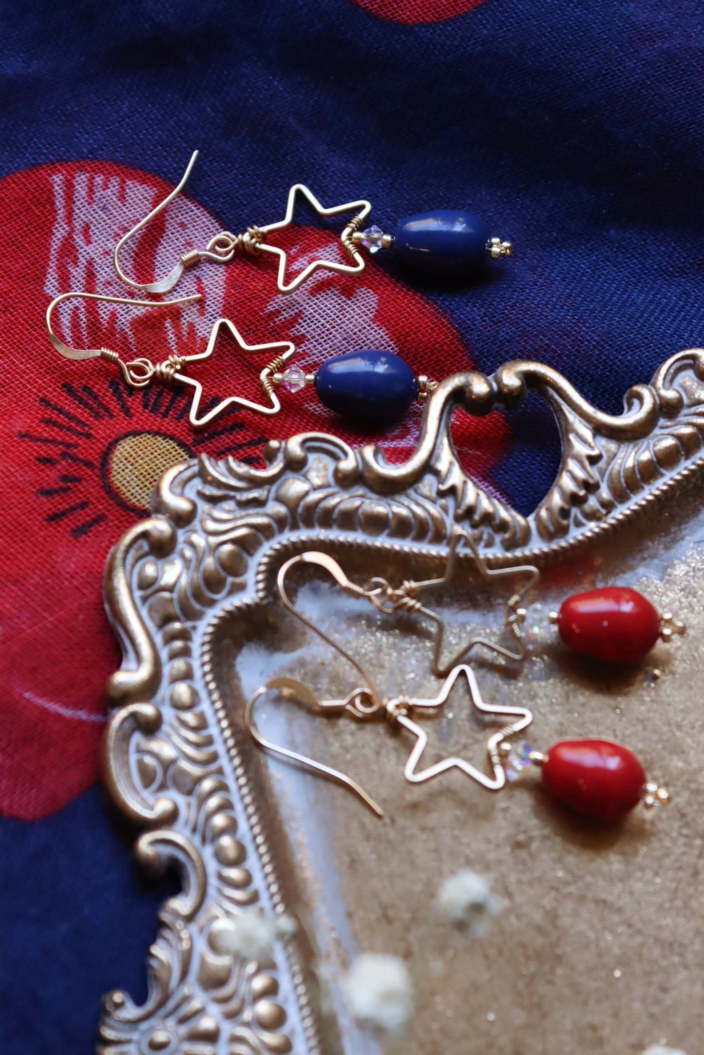 Blue And Red Classic Pearl Drop Earrings With Gold Stars - 14K Gold Classic Patriotic Earrings - Kaleidoscopes And Polka Dots