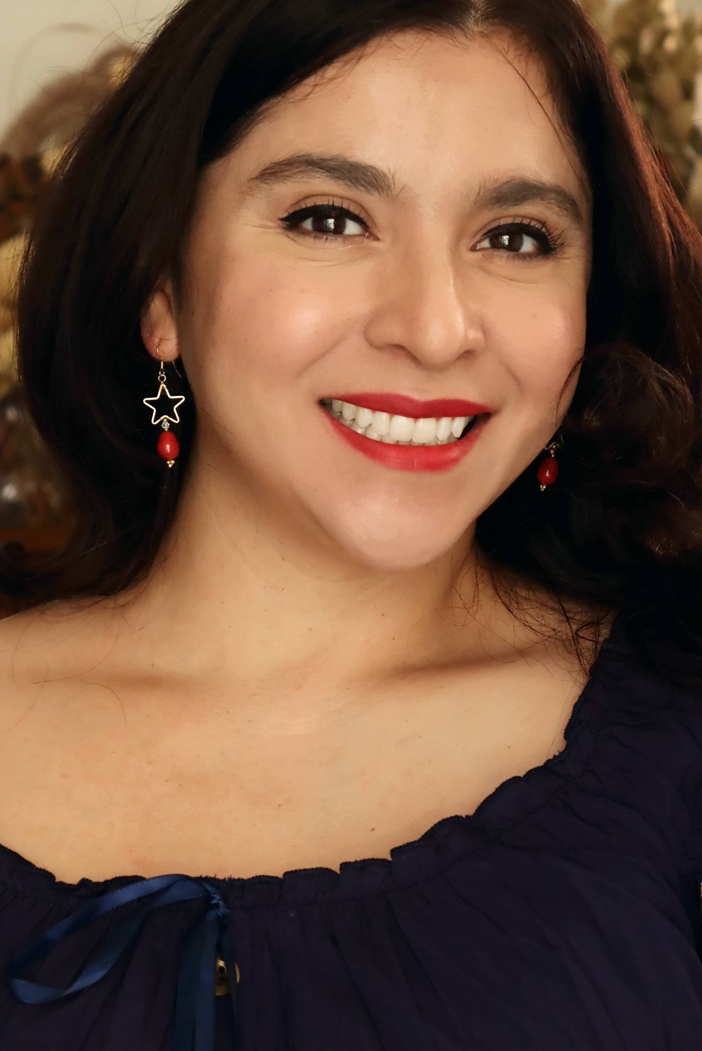 Red Pearl Drop Earrings With Gold Stars - 14K Gold Classic Patriotic Earrings - Kaleidoscopes And Polka Dots
