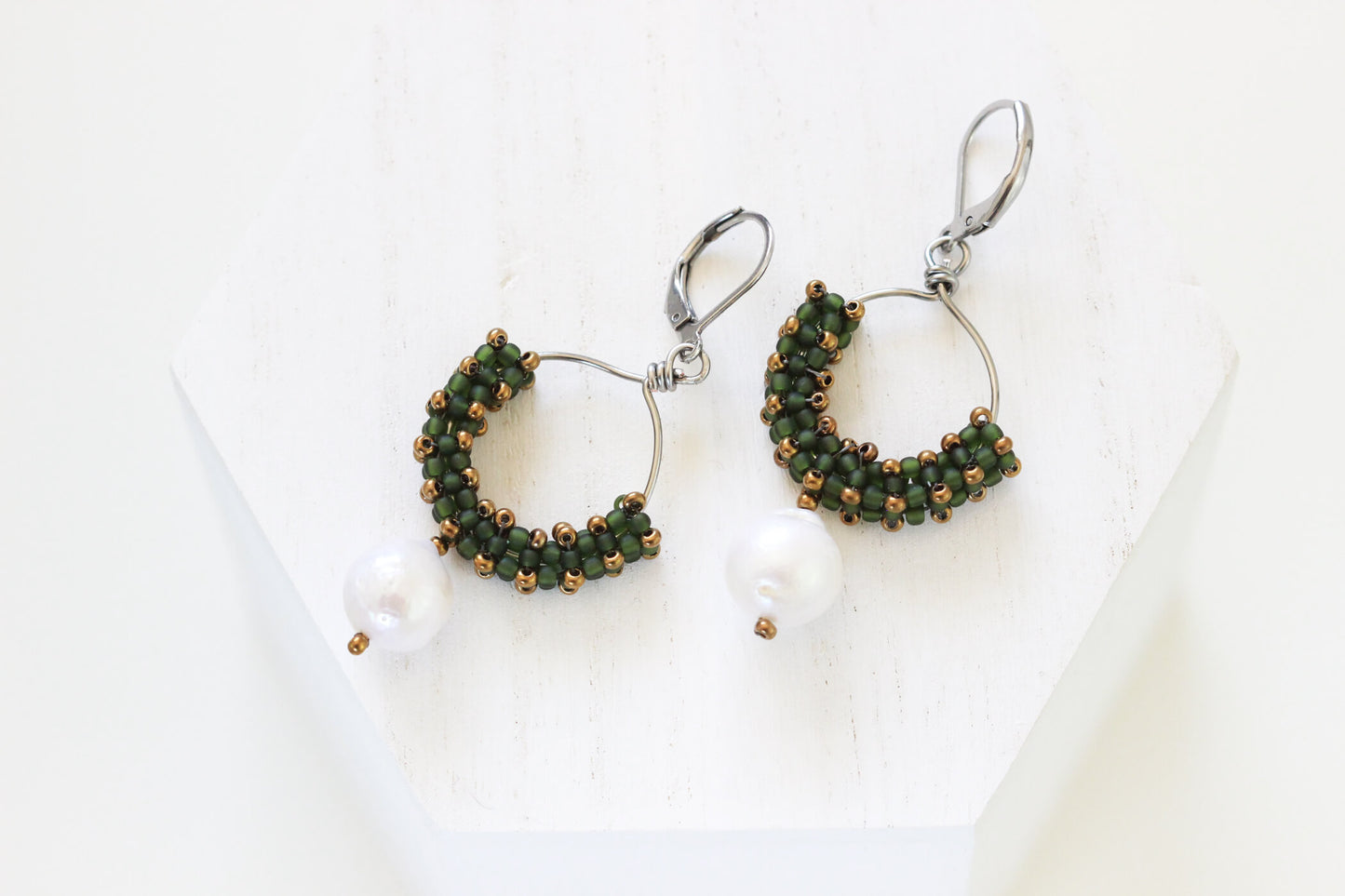 Green Perl Drop Hoop Earrings - Baroque Pearl Earrings by Kaleidoscopes And Polka Dots