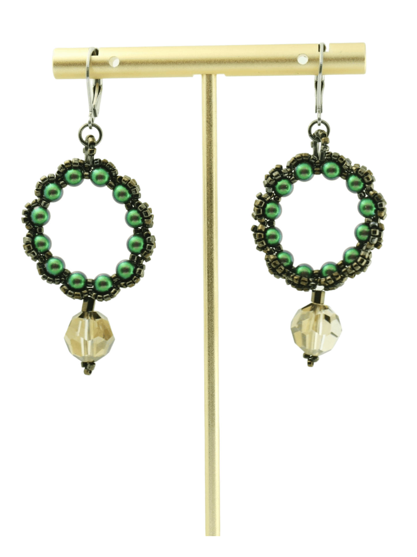 Green Pearl Beaded Hoop Earrings - Crystal Drop Earrings - Kaleidoscopes And Polka Dots