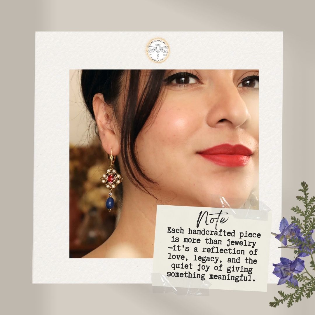 Close-up of a woman wearing earrings with a card detailing the brand's message.