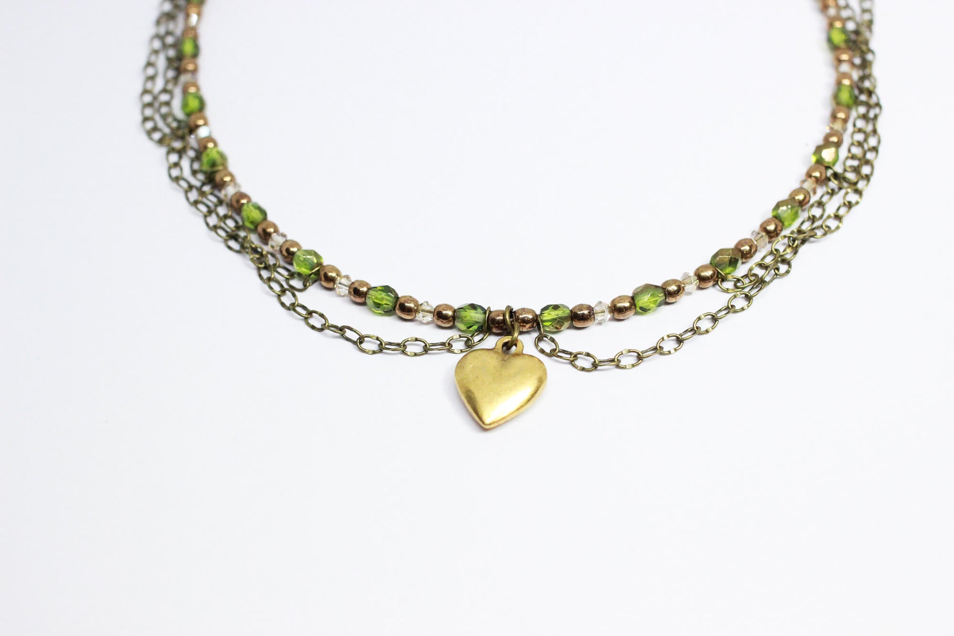 Handmade Green Necklace with Crystals & Heart Pendant