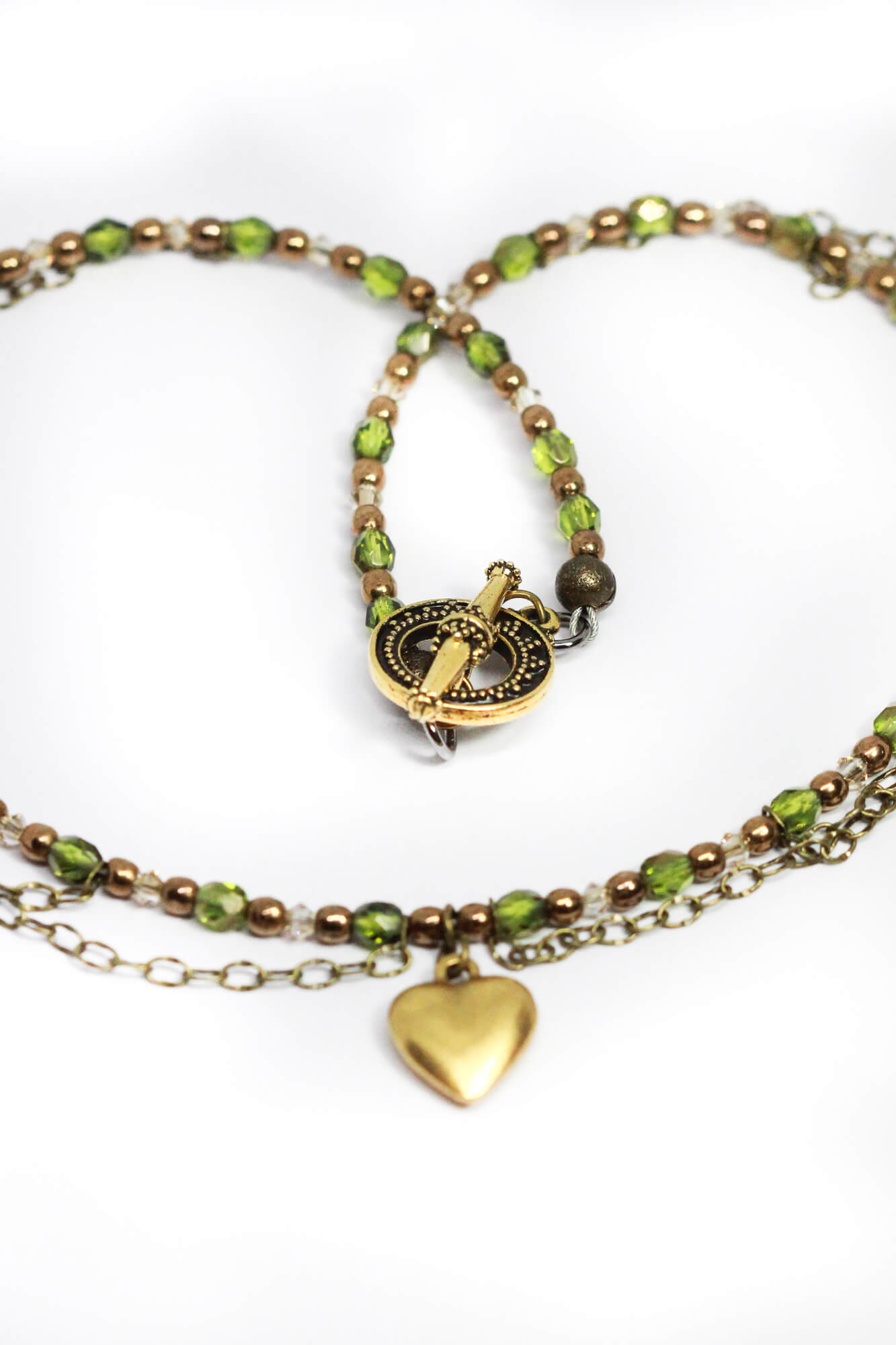 Romantic Handmade Green Necklace with Crystals & Heart Pendant
